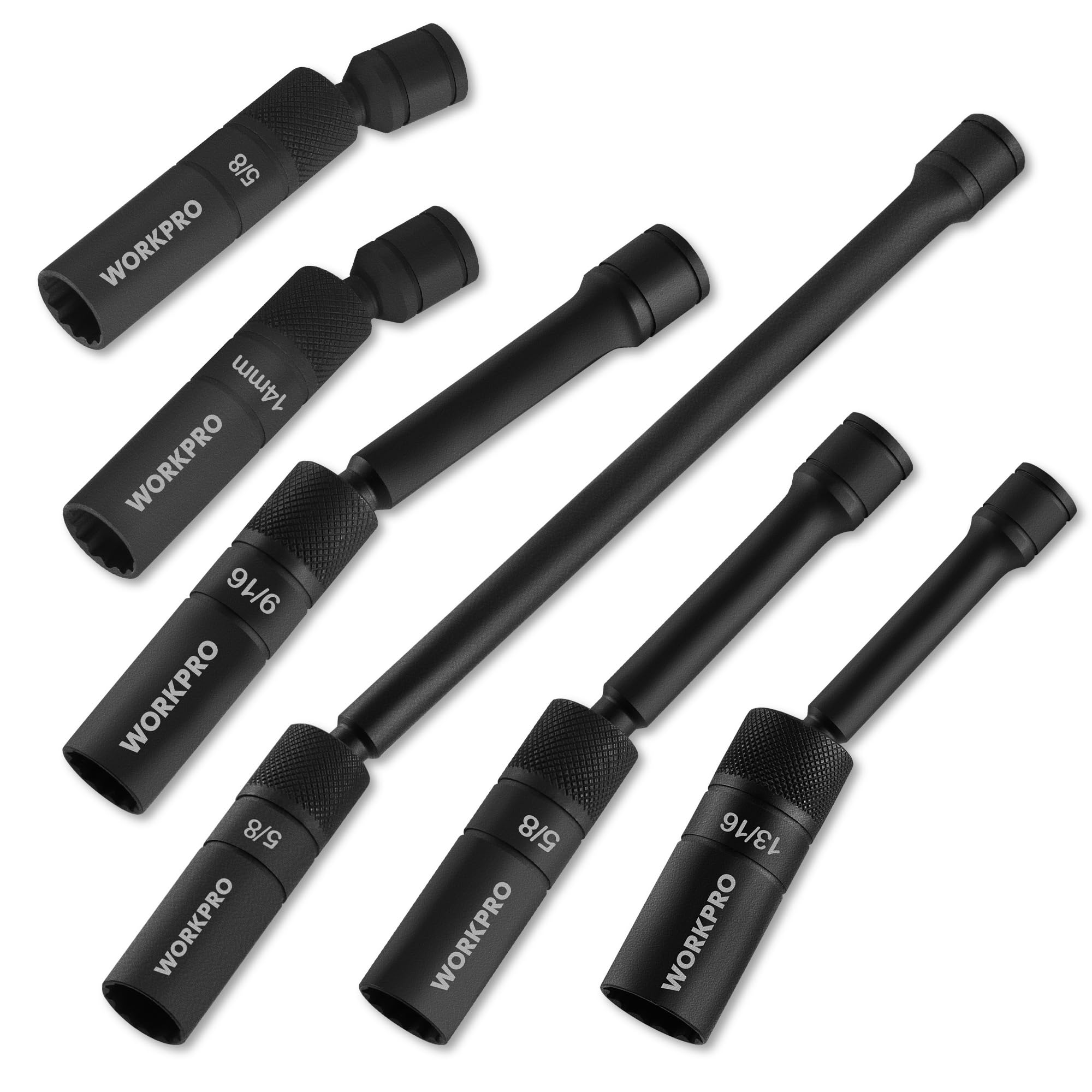 WORKPRO 6-Piece 3/8" Drive Magnetic Spark Plug Socket Set – 12-Point, Includes 9/16", 5/8", 13/16", 14mm Sockets with 4", 6", 11" Extensions for