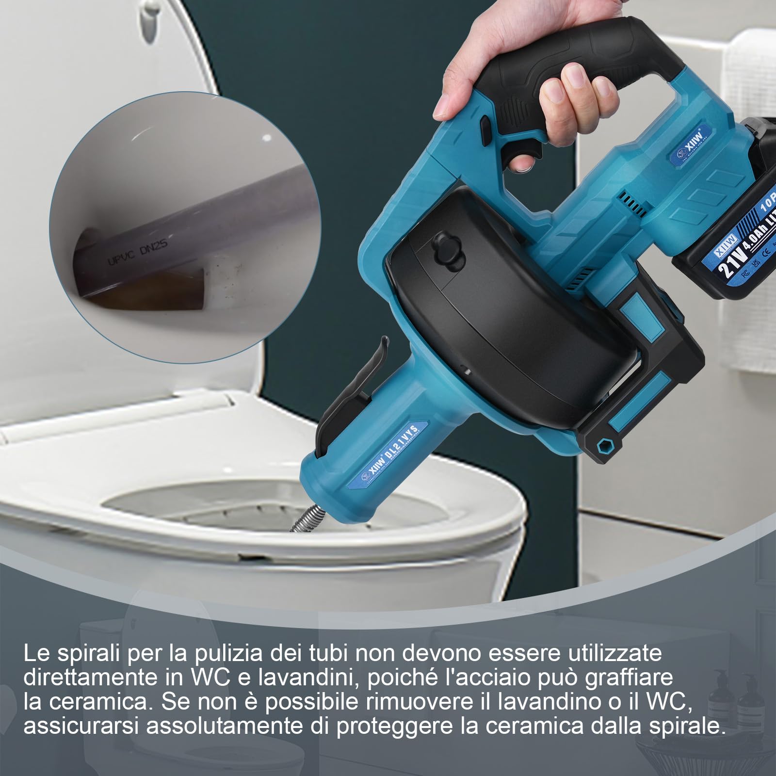 XIIW Sturatubi elettrico senza fili con Batterie 2 x 4,0 Ah | 7,6 m Spirale Flessibile | Velocità Regolabile | Pulitore scarico per Tubi ⌀16-85 mm, Stura Lavandini e Scarichi in Cucina, Bagno, WC