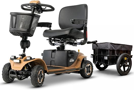 Pride Baja Bandit 4-Wheel All Terrain Mobility Scooter + Cargo Trailer, 400 Lbs Weight Capacity, 29 Mile Range, LED Lights and USB Port, Full Suspension Tan 20" Seat, 20AH Battery