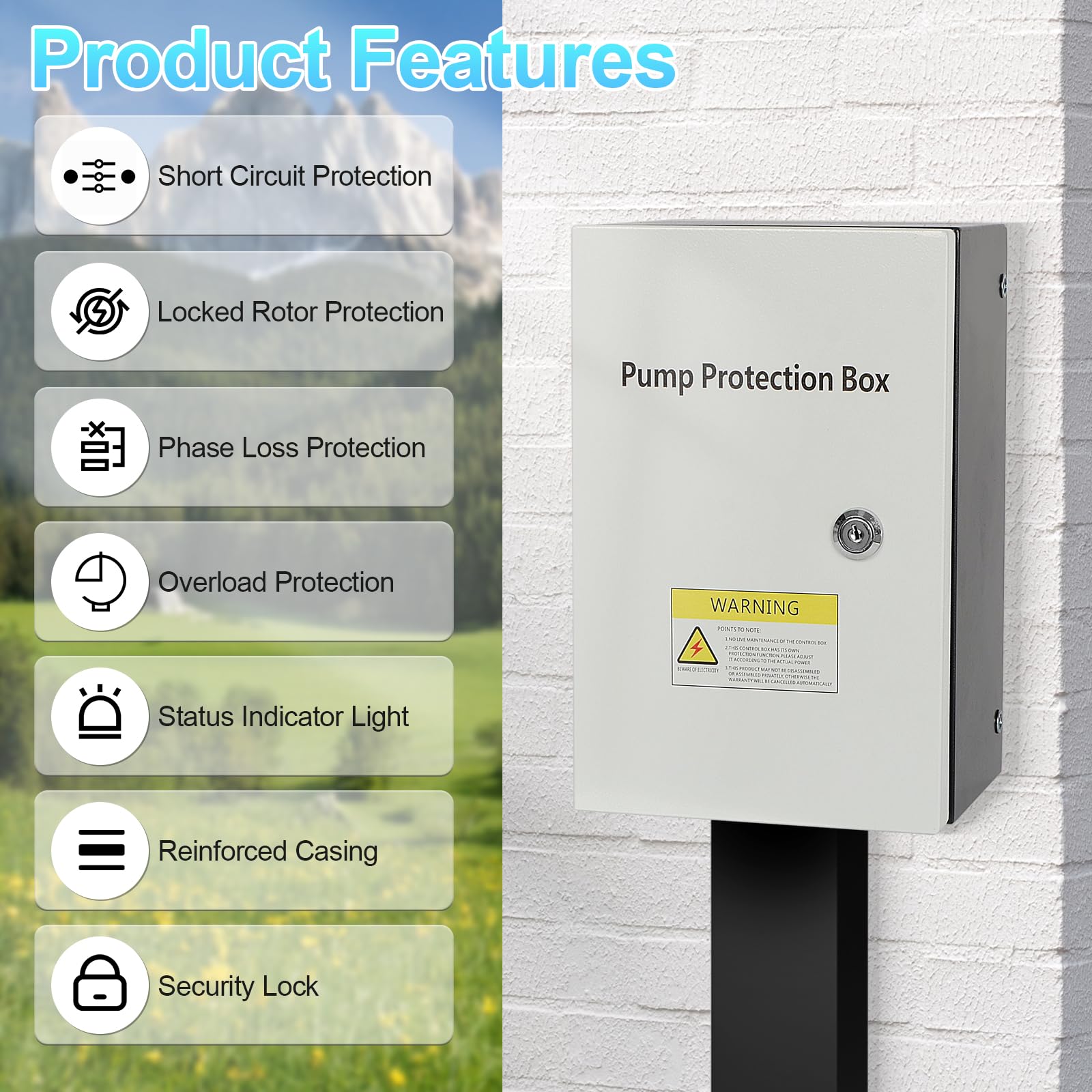 Caja de protección de bomba de agua, múltiples protecciones de seguridad, caja de protección de bomba impermeable y a prueba de polvo con cerradura de llave, pérdida de fase, protección de