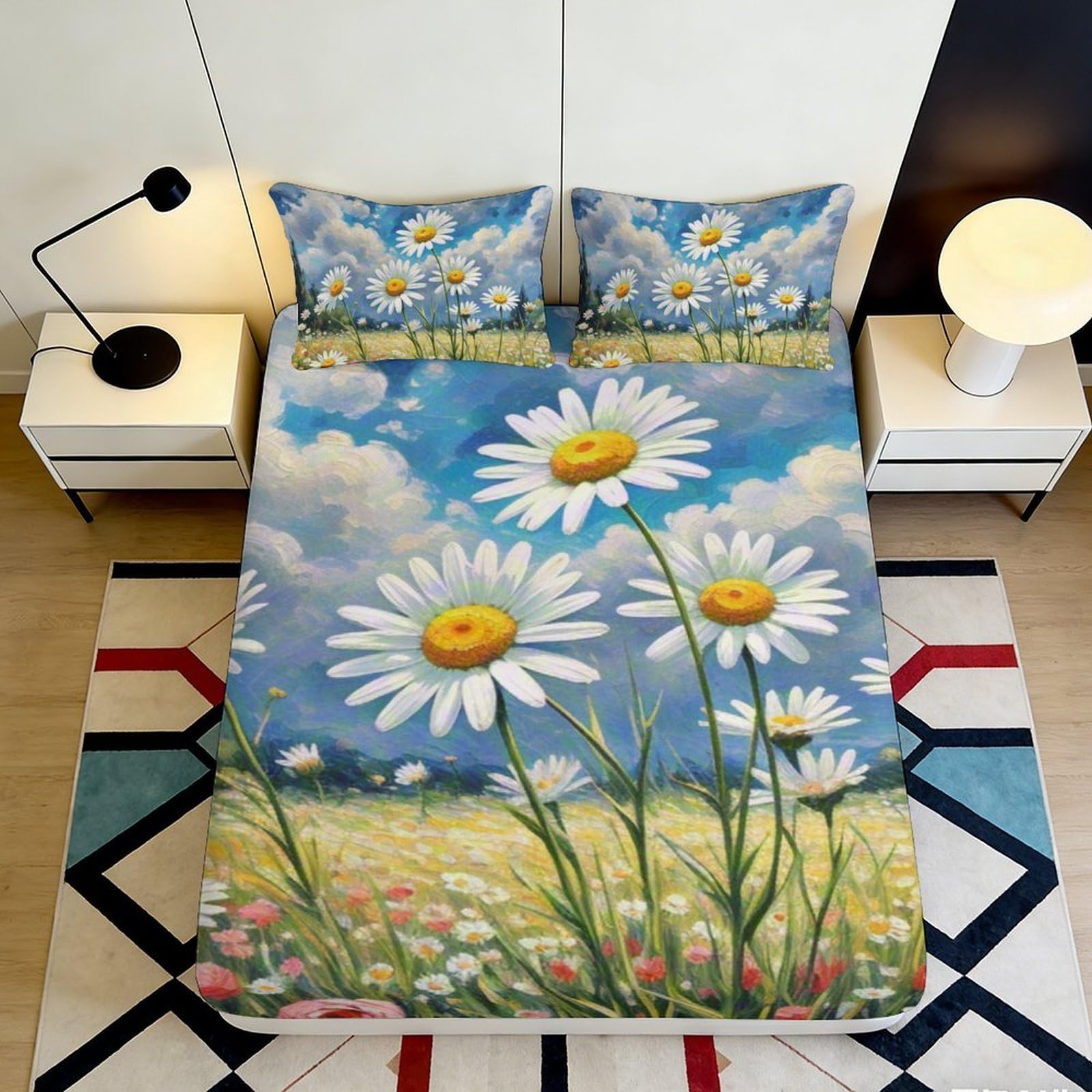 3D Printed Daisy Meadow Fitted Sheet Microfiber Soft Breathable Wildflower Bed Cover for Bedroom Guest Room Decor 200x200x25cm
