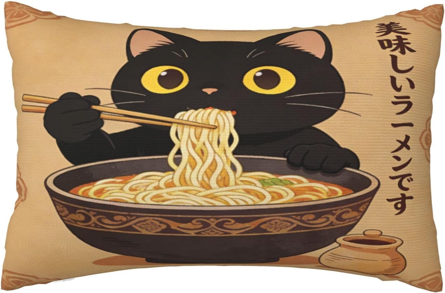 Funny Black Cat Japanese Ramen Noodles Vintage Throw Pillow Covers,Cats Lovers Lady Mom Grandma Gifts,12"X20" Aesthetic Black Cats Pillow Case for Home Living Room Bedroom Office Decor