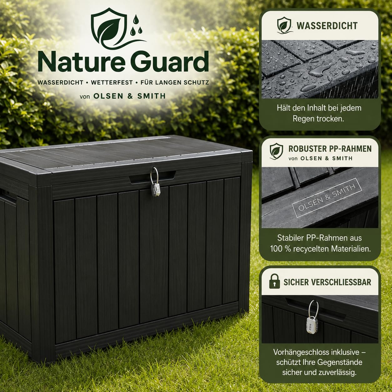 Olsen & Smith 170L Paketbox & Abschließbare Gartenbox mit Deckel | Wasserdicht & Wetterfest, Inkl. Vorhängeschloss, 100 % Recycelt, Für Pakete & Auflagen, Kissenbox, Draußen, Balkon & Terrasse