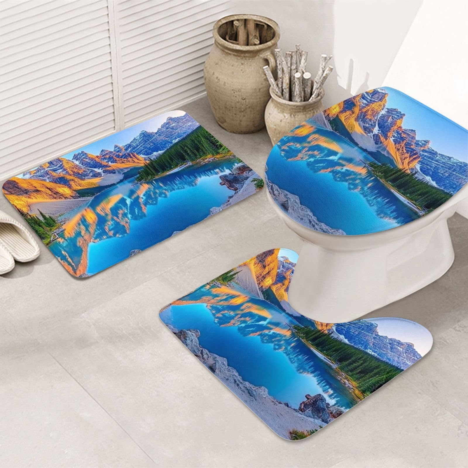 Alfombrilla de baño antideslizante y juego de 3 alfombras estampadas para inodoro