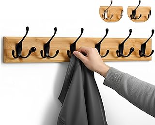LARHN Porte Manteau Mural Bois - 6 Crochets Triples en Noir - 59 cm - Patere Murale pour une Entrée, Chambre, Salle de Bain et Vestiaire