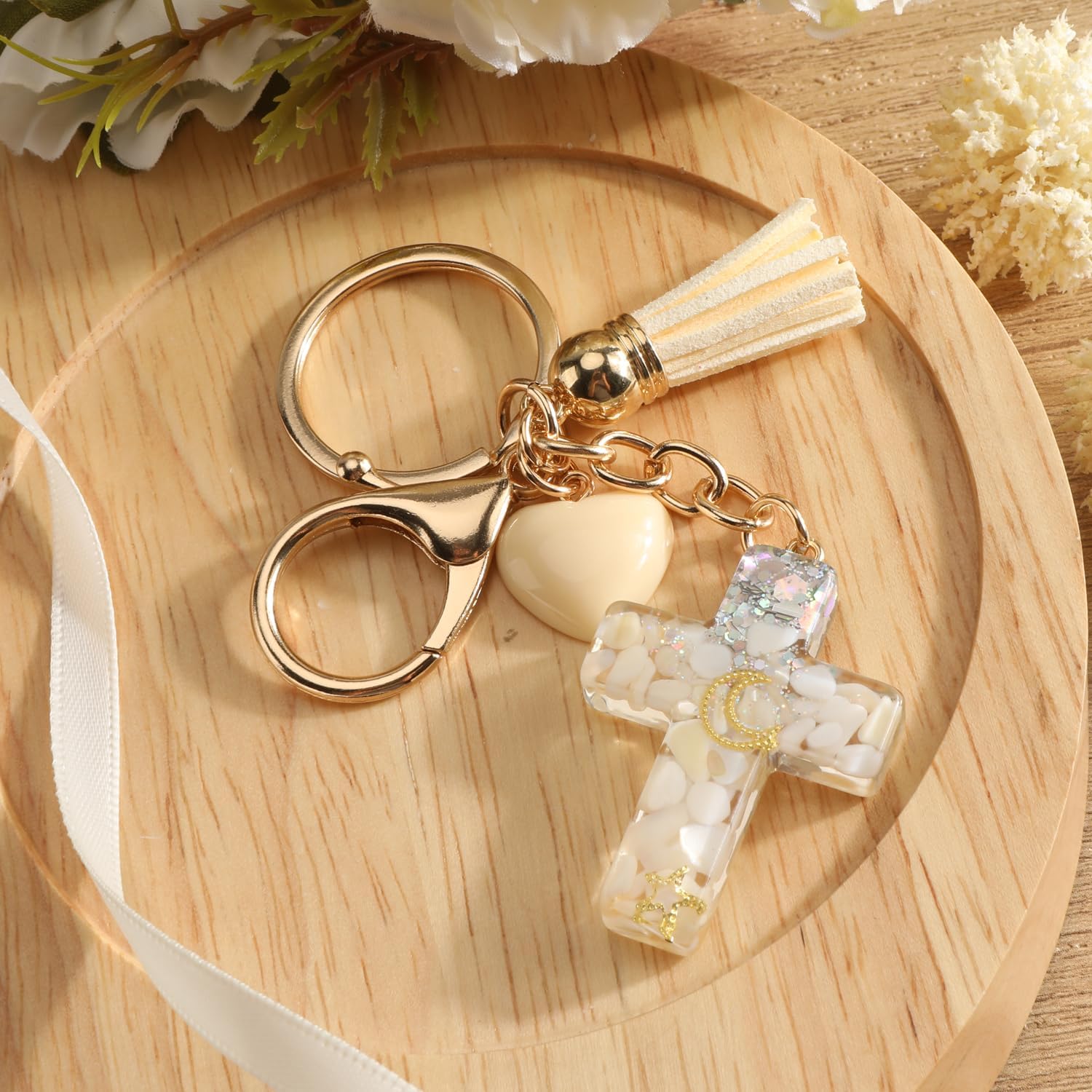 Cross Keychain,Bling Keychain with Heart & Tassel,Cross Bag Charm for Purse Handbag,Christian Gift for Women Birthday - Image 2