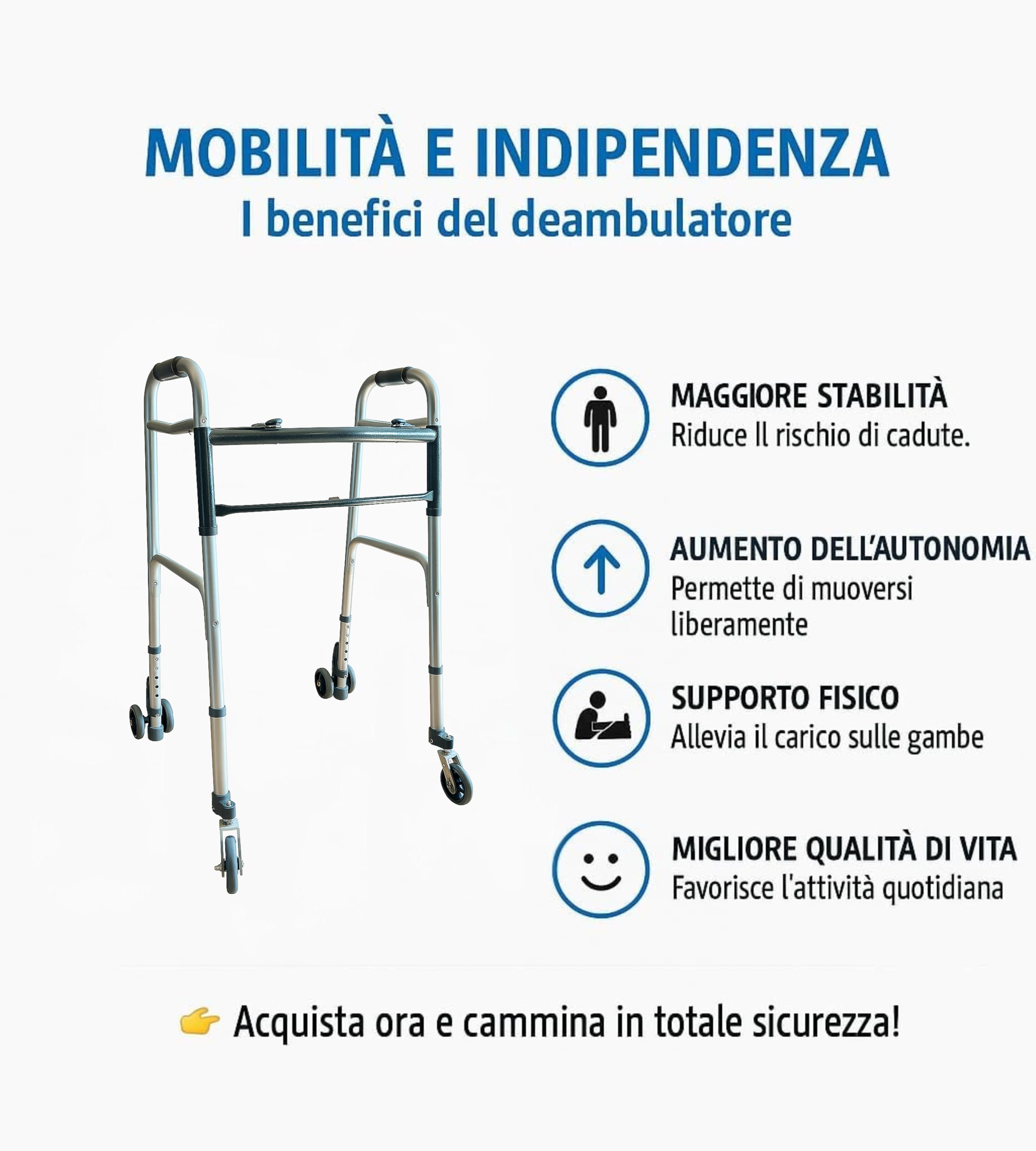 App Life Deambulatore per Anziani in Alluminio Leggero - Dispositivo Medico di Classe I - Pieghevole e Regolabile in Altezza con 2 Ruote Piroettanti e 2 Gemellate con Freni a Pressione