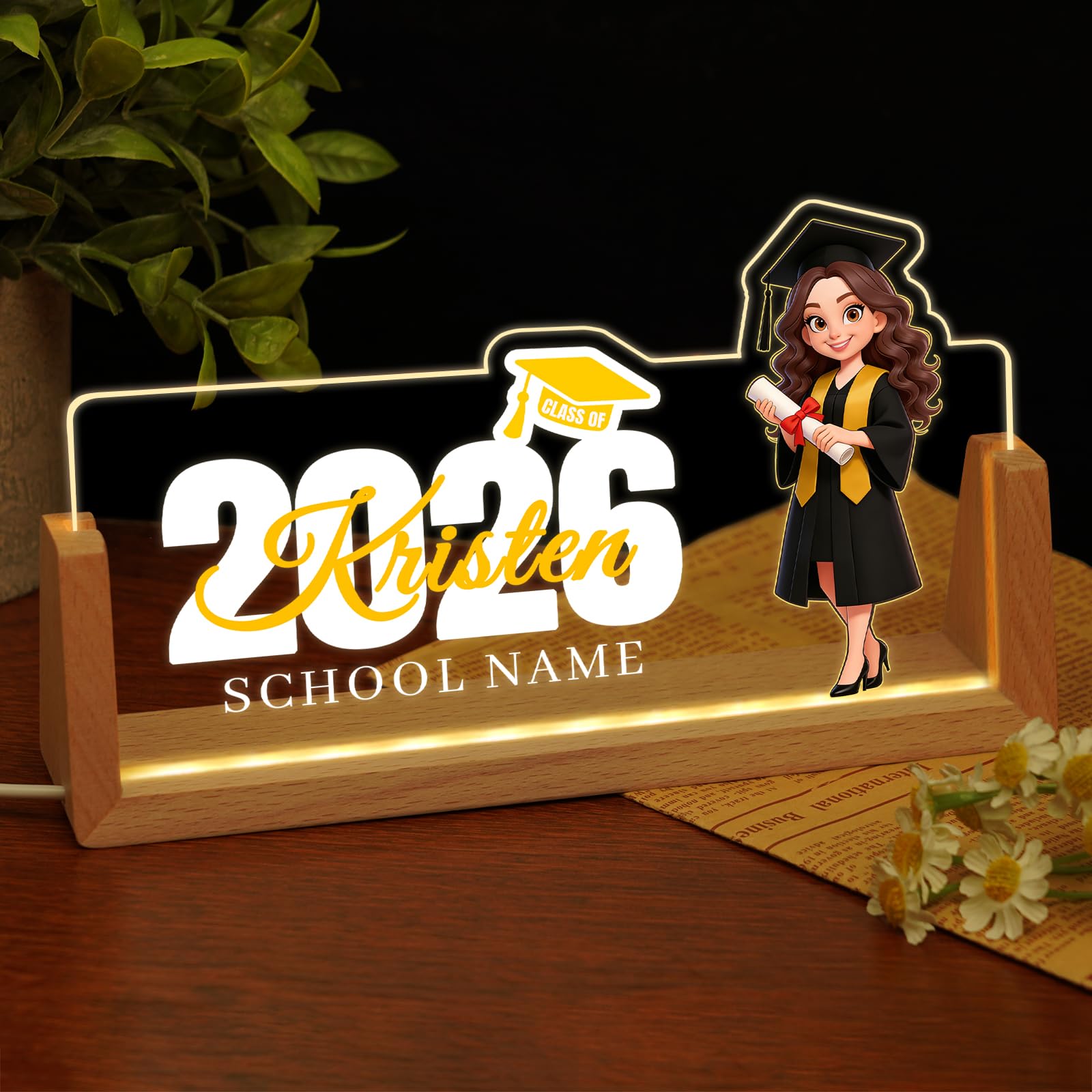 Custom Name Plate for Desk, Personalized Light Up Acrylic Desk Name Plate, Personalized Graduation Gifts 2026 for Him Her, Class of 2026 Graduate Gift, High School College Grad Gift (Graduation Girl)