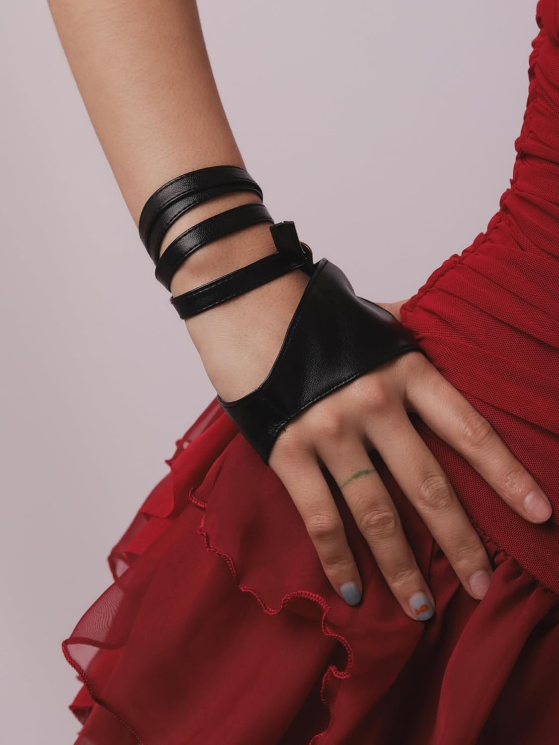 Sacina Goth Black PU Leather Fingerless Gloves, Biker Goth Punk Cosplay Gloves, Gothic Punk Accessories for Women - Image 2