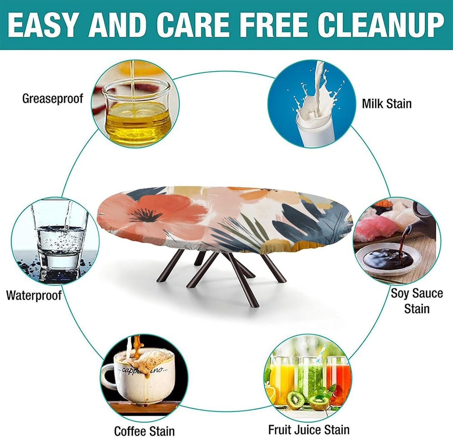 Elastic Edge Polyester Fitted Oval Tablecloth,Bohemian Theme Colorful Garden Impressions Pattern Washable Wipeable Tablecolth,for Kitchen Dining Tabletop Decoration,Fits for 48 x 80”Oval table