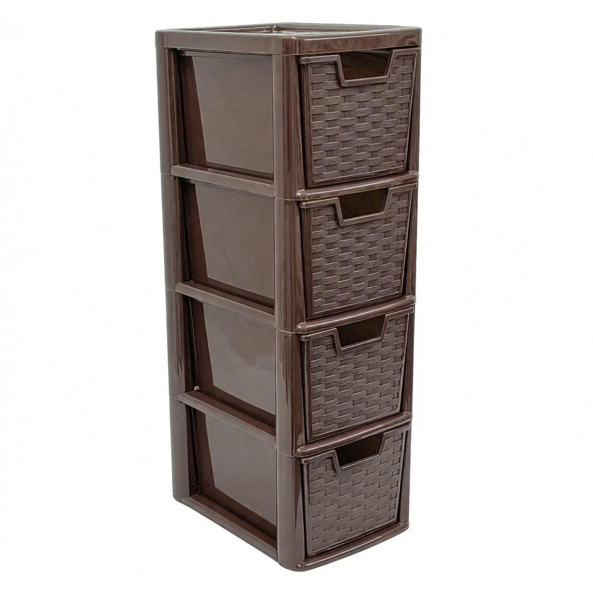 KYY'Z - Medium Plastic Storage Drawer Unit - Rattan Effect Tower Freestanding Drawers - Stackable & Stylish Cabinet with Deep Pull-Out Compartments - Space-saving Organiser - (Chocolate Brown, 4 Tier)