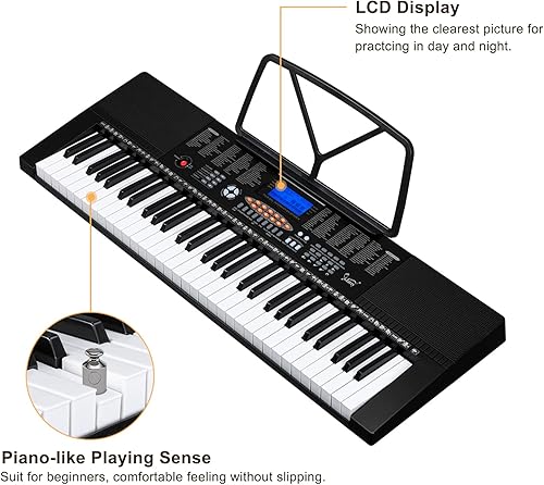 Miniatura 3 de GLARRY Juego de piano de teclado electrónico portátil de 61 teclas con pantalla LCD, soporte, micrófono, auriculares, soporte, banco, modos de