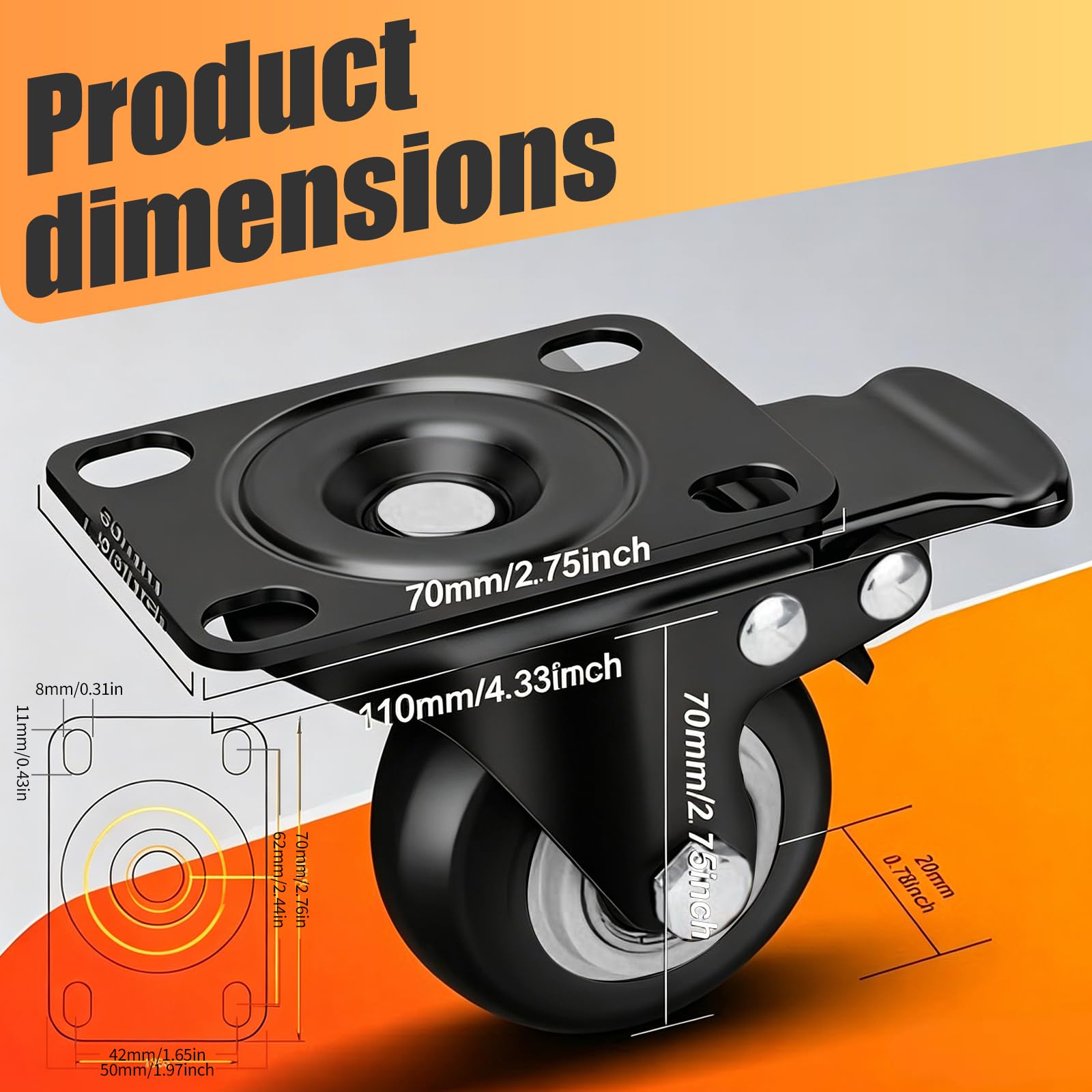 Ruedas Giratorias 50 mm con Freno Antimarca 320 kg para Muebles Interior Exterior Negro