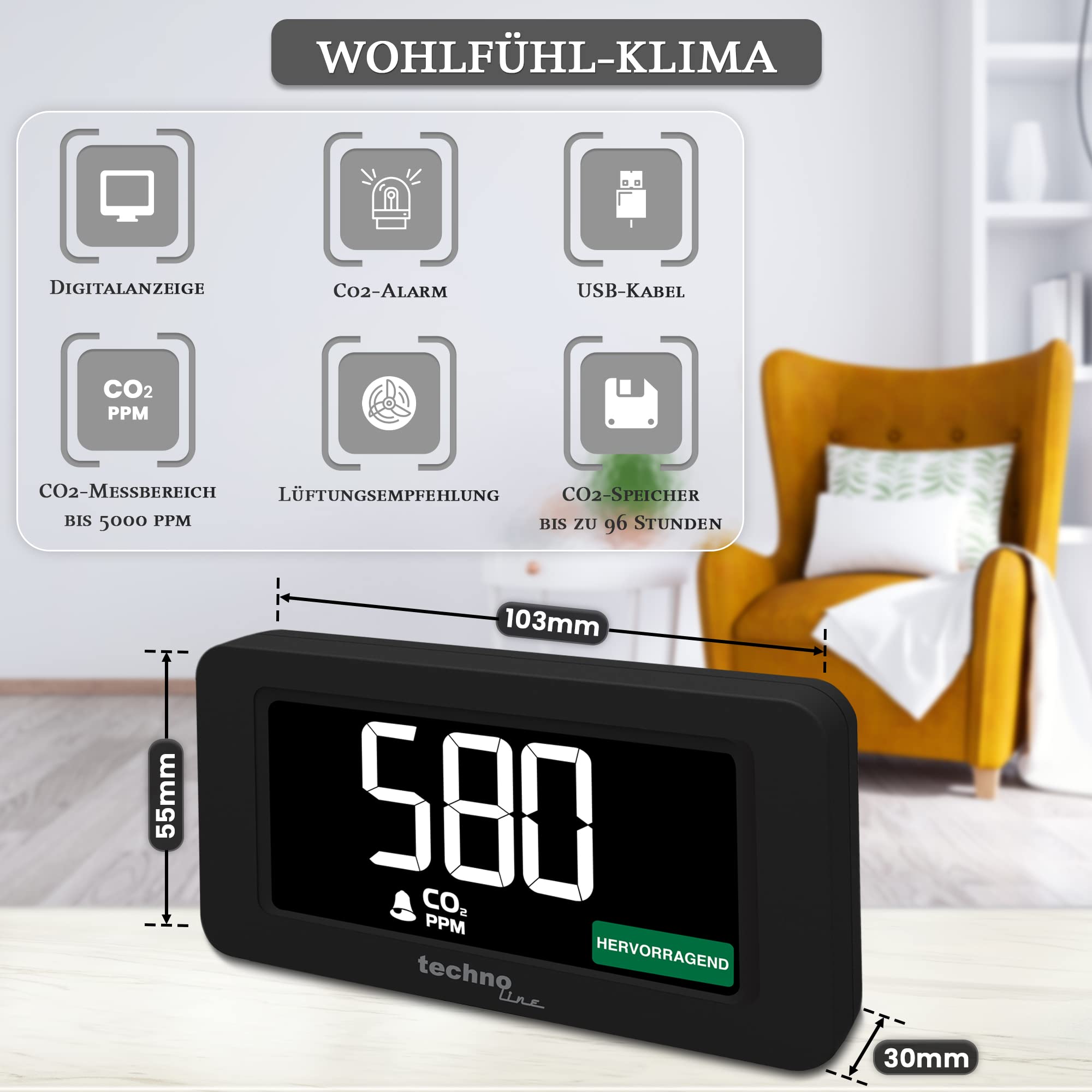 Aparato de medición de Co2 Technoline WL1022 con Pantalla a Color del Contenido de Co2 (Rojo, Amarillo, Verde), Alarma de Co2, recomendación de ventilación
