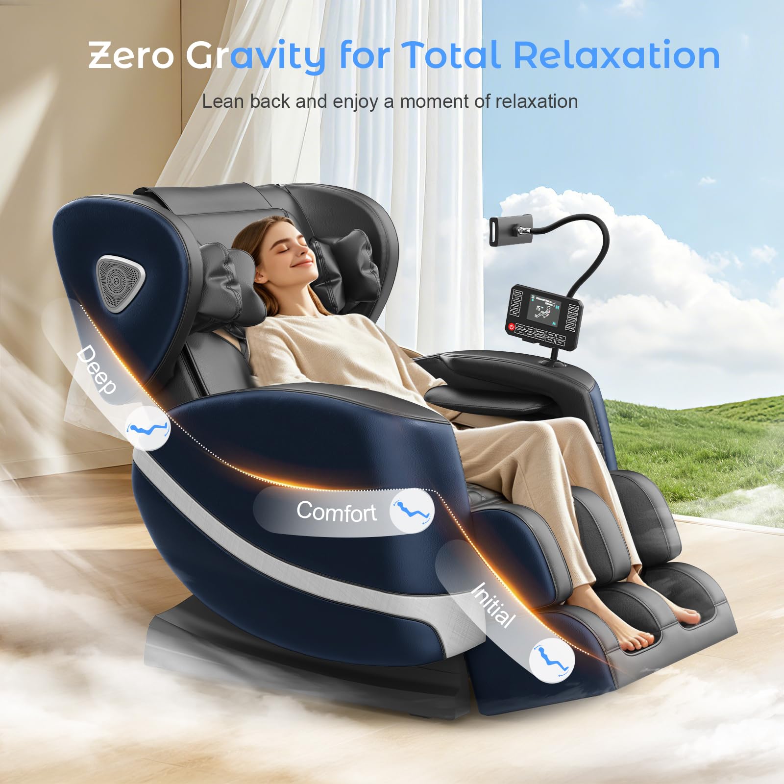 Poltrona Massaggiante per Tutto il Corpo con Rulli e Airbag, Funzione Zero Gravity, Altoparlanti Bluetooth e Touchscreen, Funzione Riscaldante per Vita e Gambe, con Massaggio Plantare (Blu + Grigio)