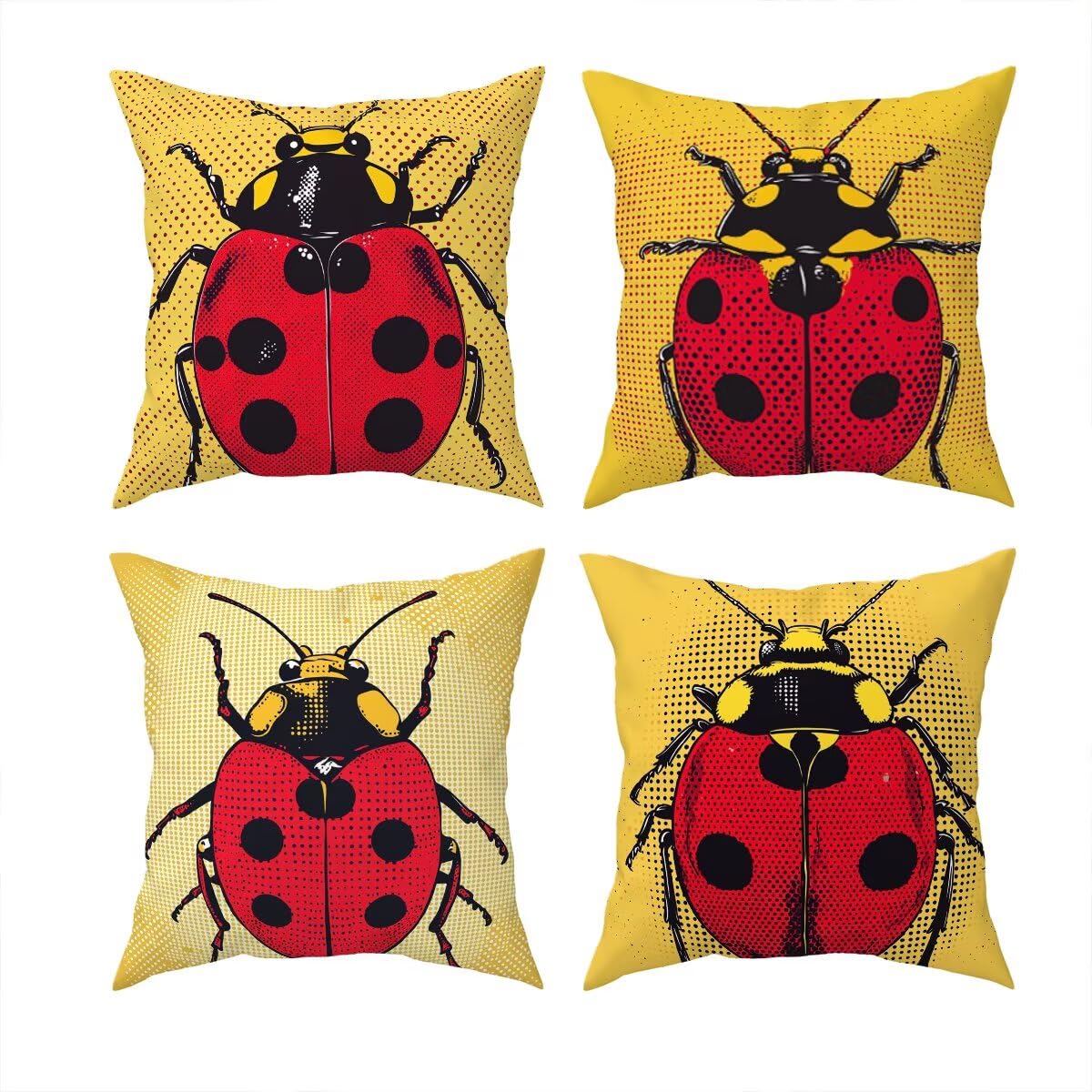 Federe Cuscino Divano 60x60, Giallo Cuscini per Divano da Esterno Set da 4, Lino Copricuscini Divanos Impermeabile, Copri Cuscini Coccinella Motivo Fronte Retro Stampato per Giardino, Balcón F-61
