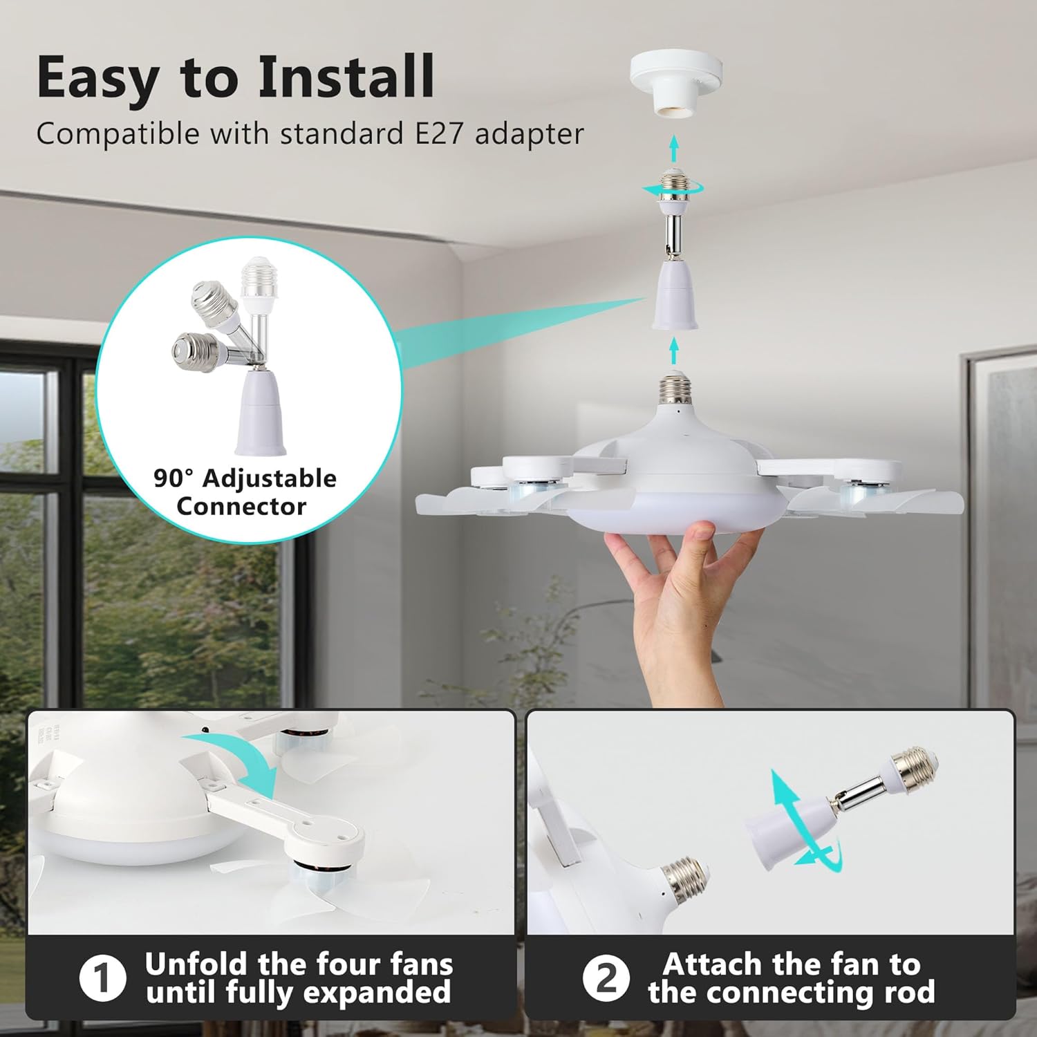 Socket Fan Lights with Remote 19.7" Low Profile Ceiling Fan with Light 4-Blade ABS Ceiling Fan with Light 3-Color Dimmable LED Ultra-Quiet Waterproof with Foldable Adapter