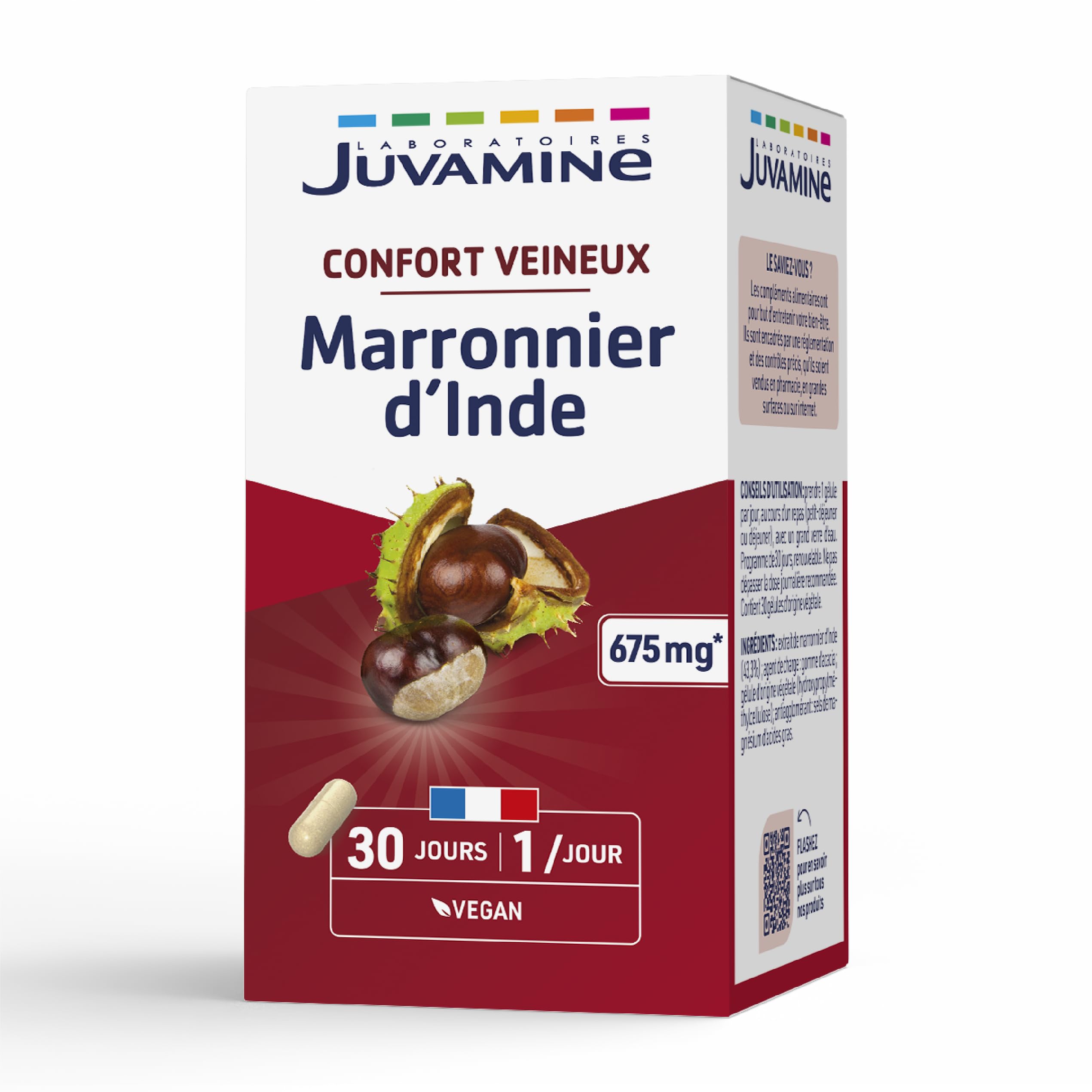 JUVAMINE, Veinous Comfort, Circulation, Horse Chestnut 675 MG, Vegan, Food Supplement, Made in France, 30 Day Program, 30 Softgels