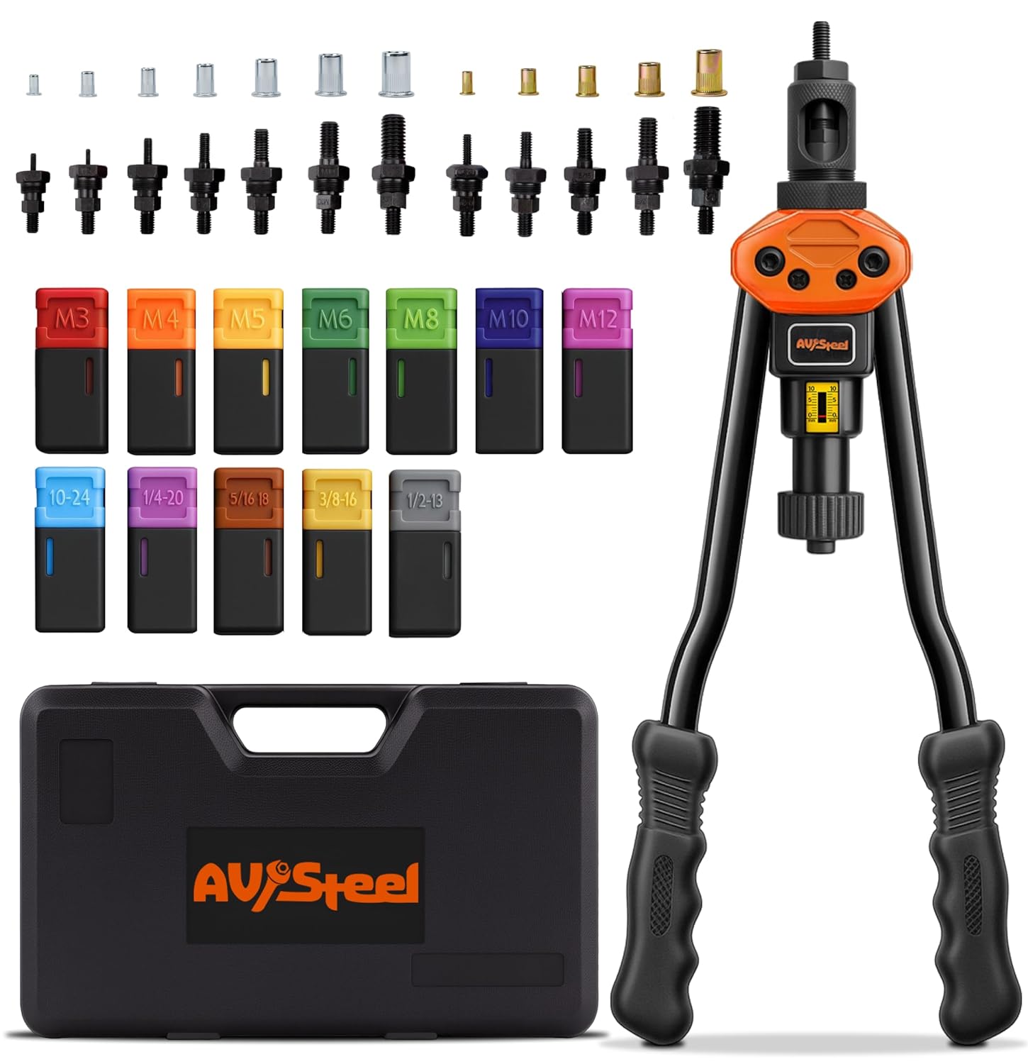AV Steel Rivet Nut Tool Kit, 16-Inch Rivet Gun Including 12 Upgraded Interchangeable Mandrels & 200Pcs Nuts, Hand Riveter Labor-Saving and Compact Design,Thread Insert Riveter with Rugged Carry Case