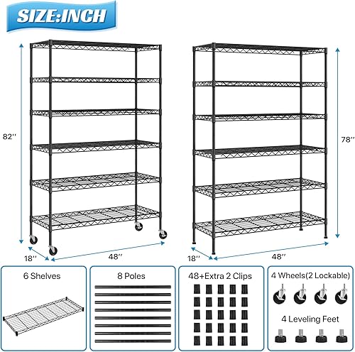 Miniatura 3 de Estantes de almacenamiento de 6 niveles con ruedas, estantería de metal resistente, capacidad de 2100 libras, estantería de garaje, estantes