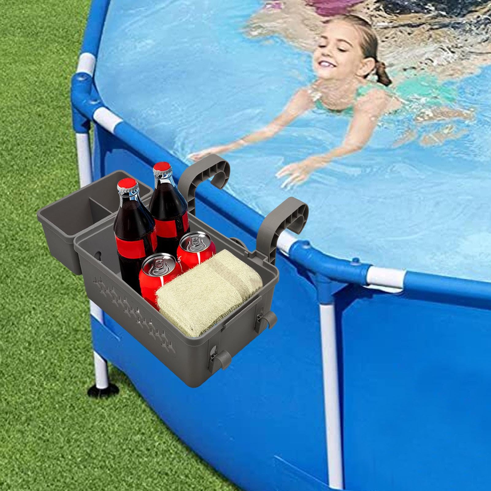 Pool Aufbewahrungskorb, Pool Korb aus Recyceltem Kunststoff, Frame Pool Kord mit Getränkehalter, Gartenpool Organizer Aufbewahrungsbox Pool Seitenkorb für Aufstellpool, Pool Zubehör