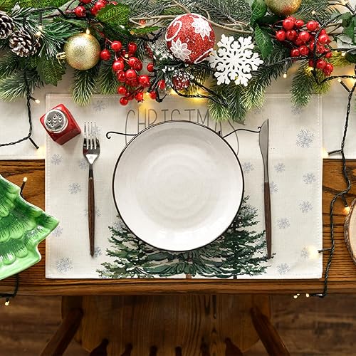 Miniatura 2 de Artoid Mode Juego de 4 manteles individuales de Navidad con copos de pino beige, 12 x 18 pulgadas, para decoración de fiestas, cocina, comedor