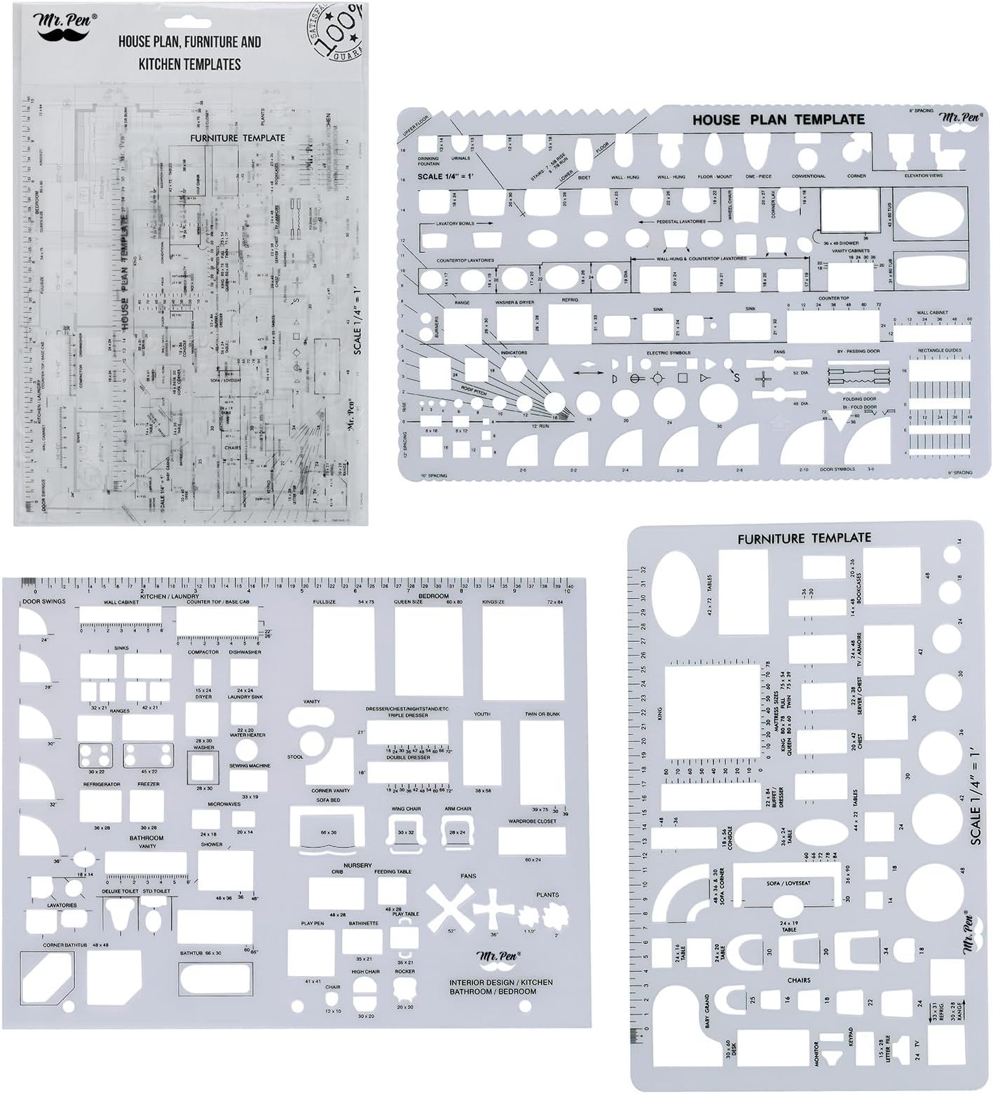 Mr. Pen- House Plan, Interior Design and Furniture Templates, Drafting Tools and Ruler Shapes for Architecture - Set of 3