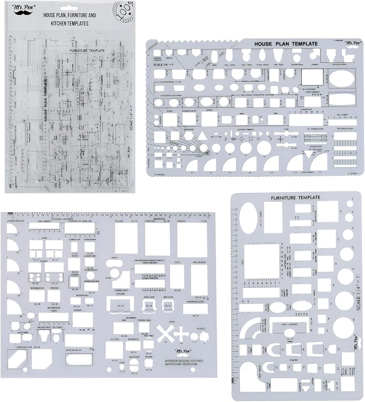 Mr. Pen- House Plan, 3 piezas, plantillas de diseño de interiores y muebles | Plástico flexible transparente, herramientas de dibujo, formas de regla para arquitectura, escala de 1/4 de pulgada, cocina, baño, dormitorio, oficina