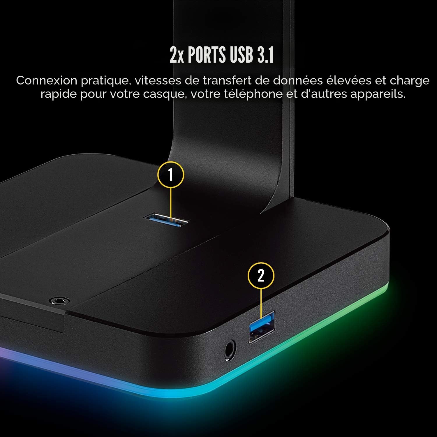Corsair ST100 RGB Support pour casque avec son surround 7.1 3,5 mm et 2 ports USB 3.0