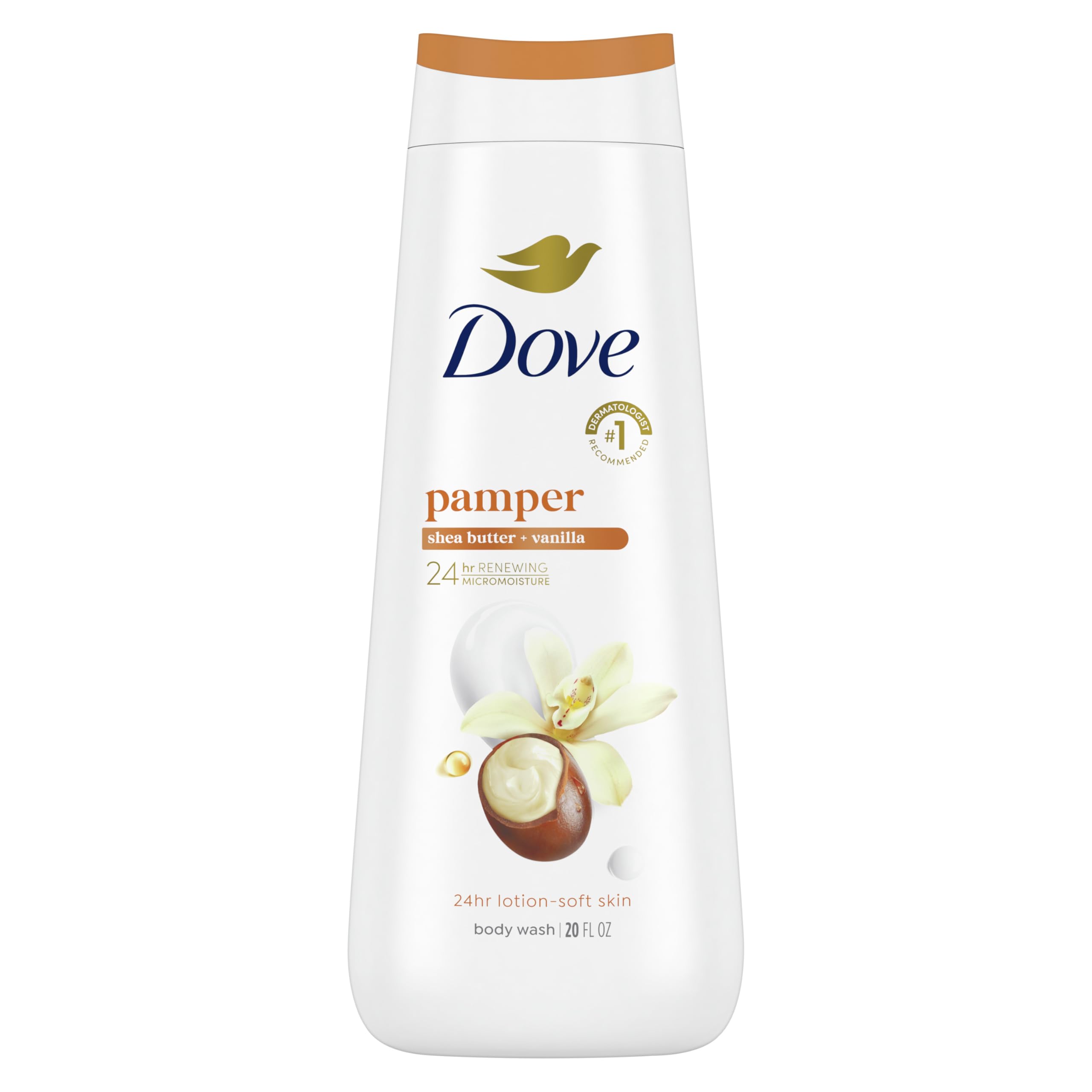 Dove Body Wash Pamper Shea Butter & Vanilla for 24hr Lotion-Soft Skin Moisturizing Skin Cleanser with No Sulfates No Parabens 20 oz