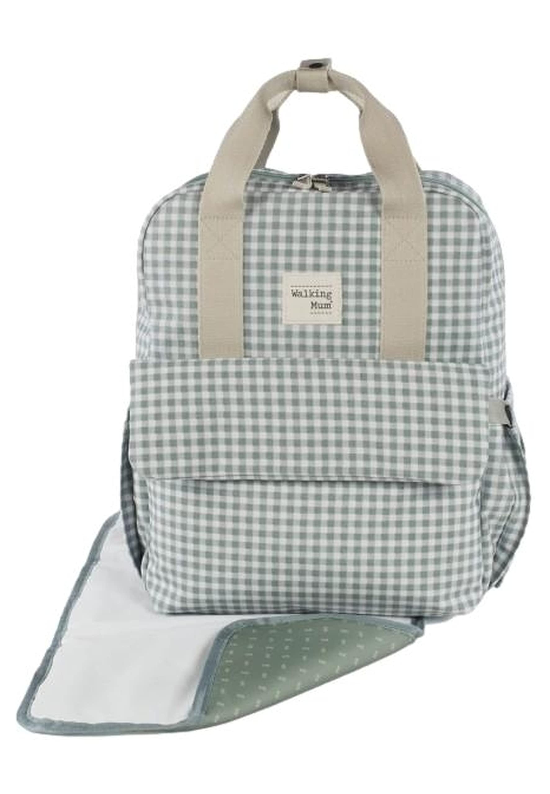Walking Mum. Sac à dos I Love Vichy. Sac à langer polyvalent avec poignées courtes et sangles à porter sur les épaules. Dimensions : 37 x 28 x 12 cm.
