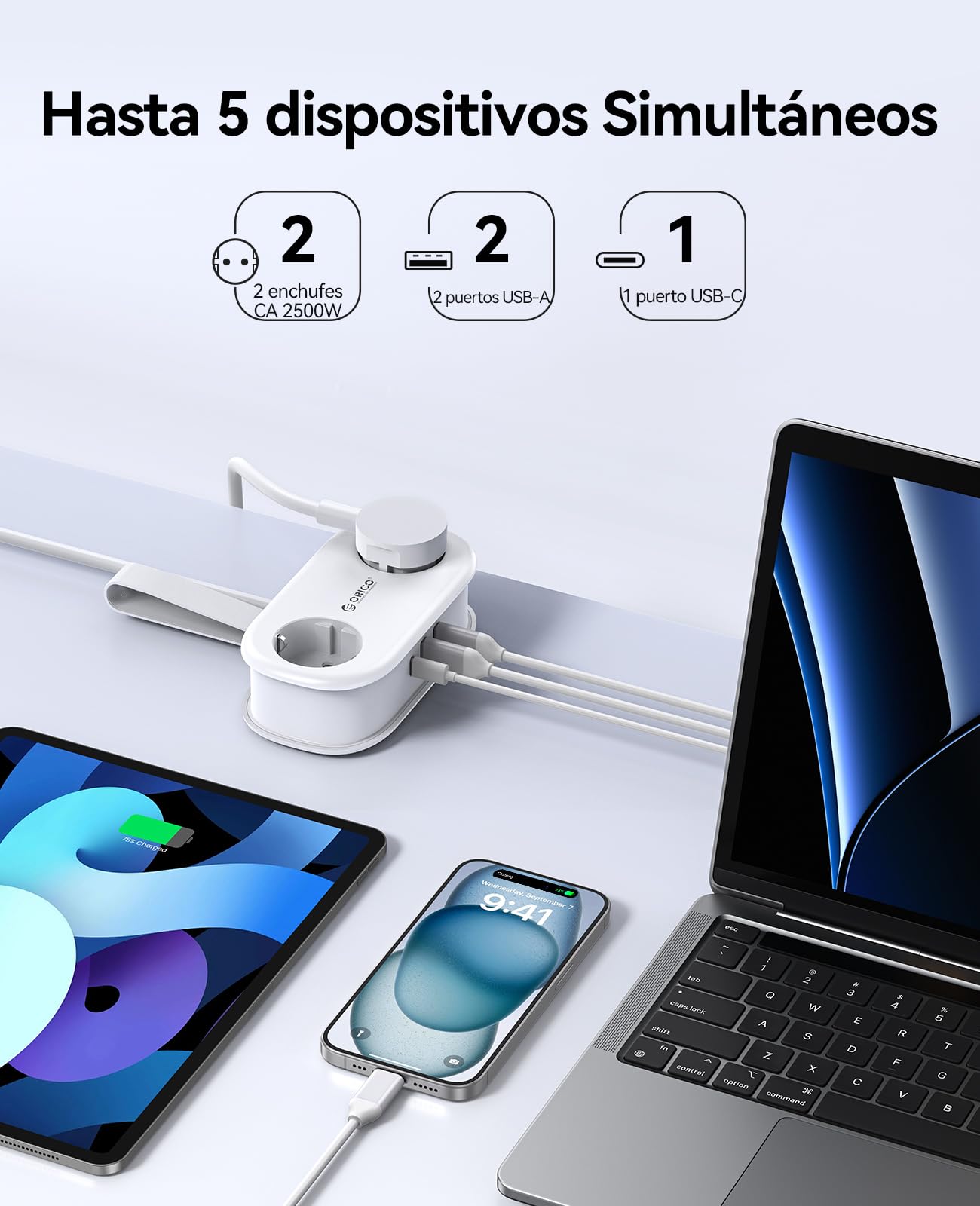Regleta ORICO con USB C PD 20W, 2 Tomas de Corriente de Viaje y 3 Puertos de Carga USB (1 USB C) Compatible con Teléfono, con Cable de 1,5m para Home Office en el Barco (AP3-Negro)