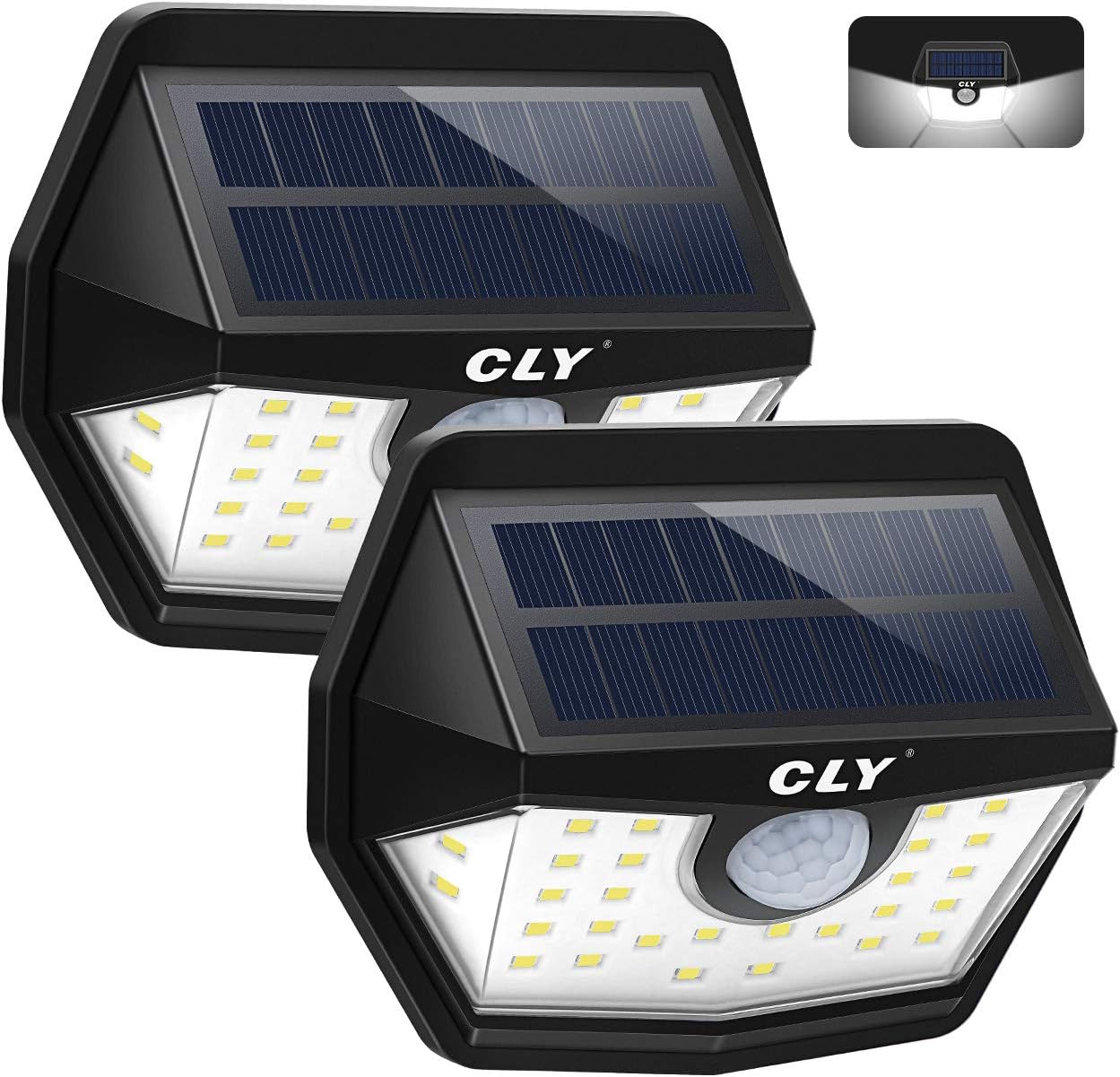 CLY Solar Lights Outdoor, 1200mAh Solar Powered Lights 30 LED Solar Motion Sensor Security Lights with 200° Wide Angle Lighting, IP65 Waterproof Wireless Solar Wall Lights for Garden【2 Pack】