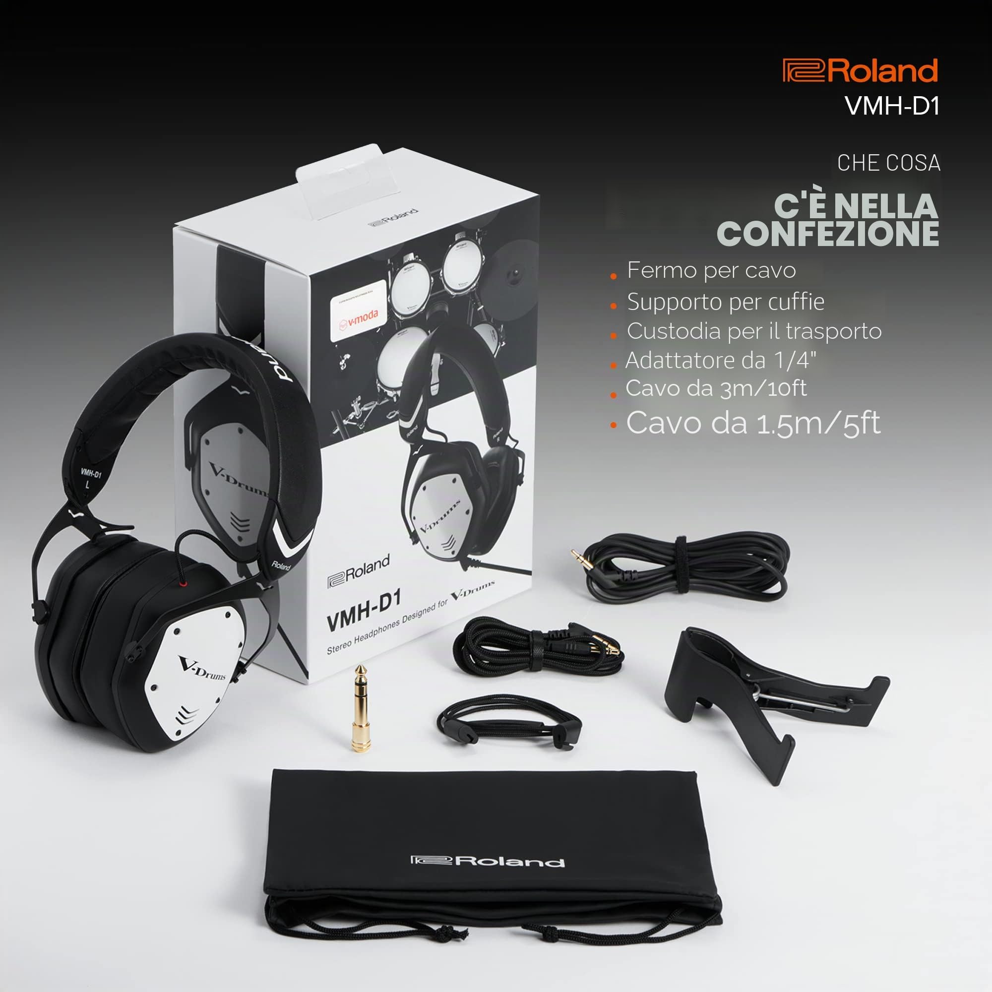 Roland VMH-D1 Cuffie per V-Drums | Progettate da Roland & V-Moda per le V-Drums & Tutte le Batterie Elettroniche | Suono Immersivo | Massimo Comfort | Cavo Lungo Per Suonare Senza Intoppi
