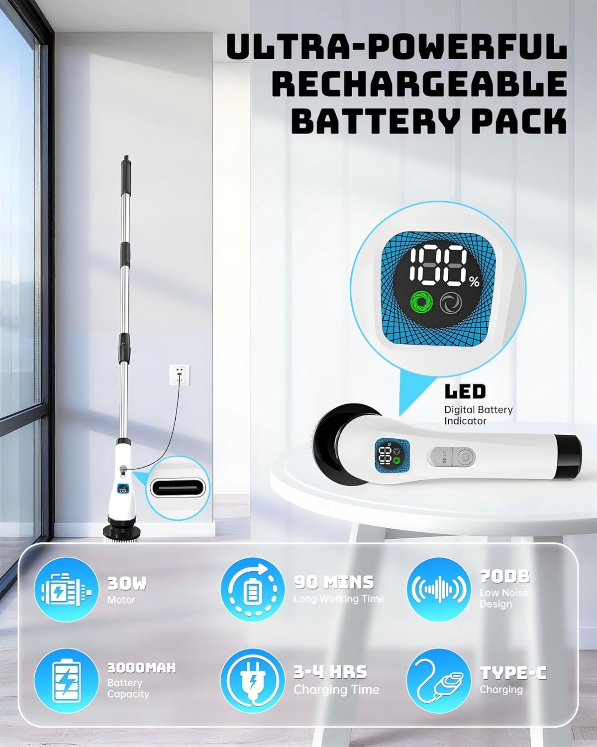 Electric Spin Scrubber, IPX7 Shower Scrubber 7 Replaceable Brush Heads-90Mins Work Time, 2-Speed Adjustable Bathroom Scrubber 3-Height Adjustable Handle Cordless Tub Scrubber for Bathtub Kitchen Glass