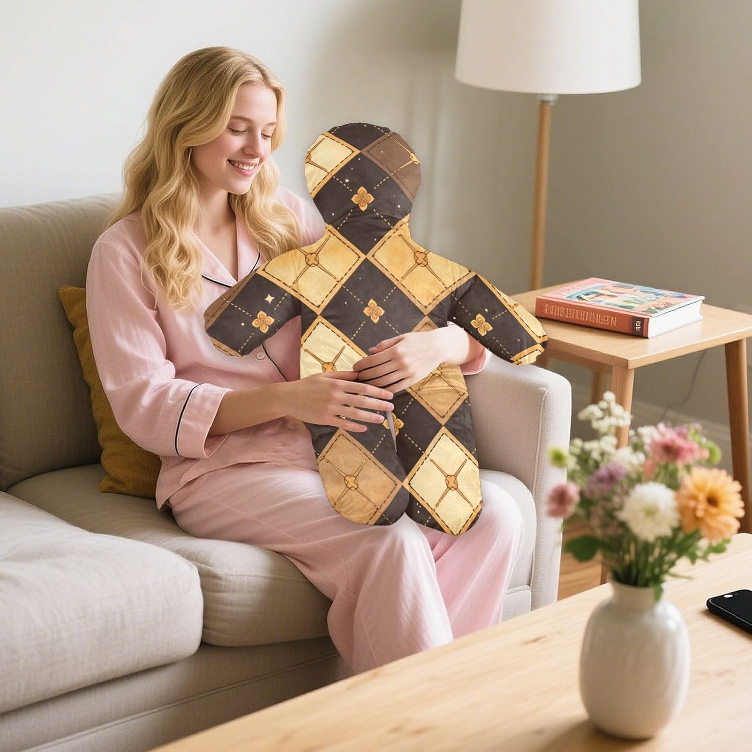 Oversized Hug Pillow Breathable Fabric Office Nap Pillows Leg Support for Kids Yellow Brown Plaid