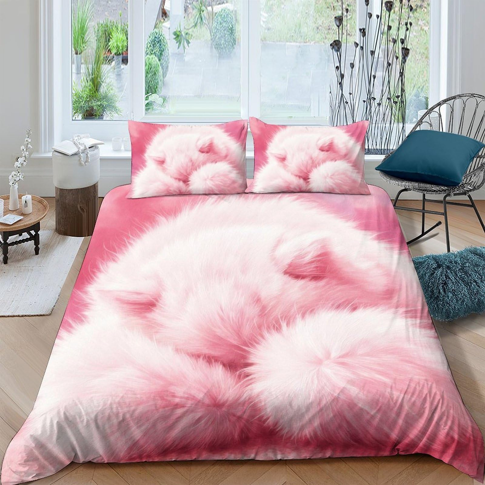 GPLZQXKJNH 3D Printed Pink Fluffy Bear Duvet Cover Set Microfiber Soft Breathable Quilt Cover with 2 Pillowcases for Bedroom Decor Single（135x200cm）