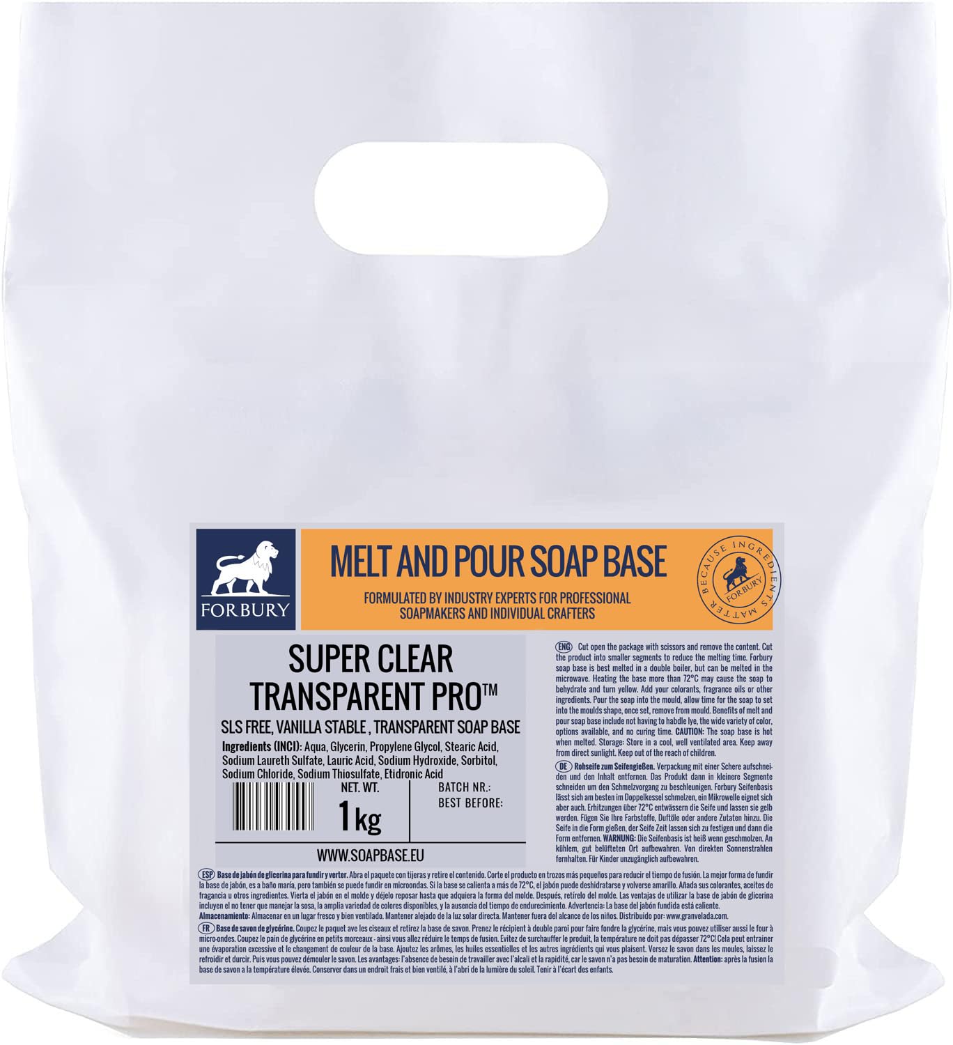 1kg Base de Savon de glycérine Transparent, Melt and pour (Fondre et Verser), sans SLS, Clear Transparent Pro