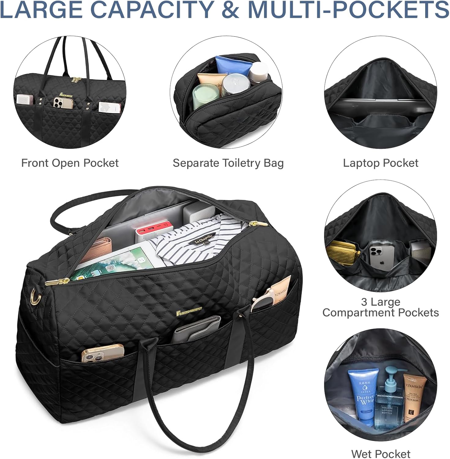 Duffle Bag for Travel,Personal Item Travel Bag with Toiletries Bag,Gym Bags for Men and Women with Wet Pocket & Shoes Compartment(Black) - Image 3