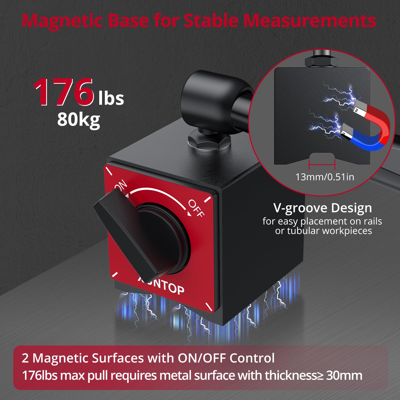 XUNTOP Reloj comparador de precisión con soporte magnético, 176 lbs/80 kg, fuerza de tracción, 0,01 mm, precisión 0-20 mm, rango de medición mecánico, ideal para laboratorio, taller, impresora 3D