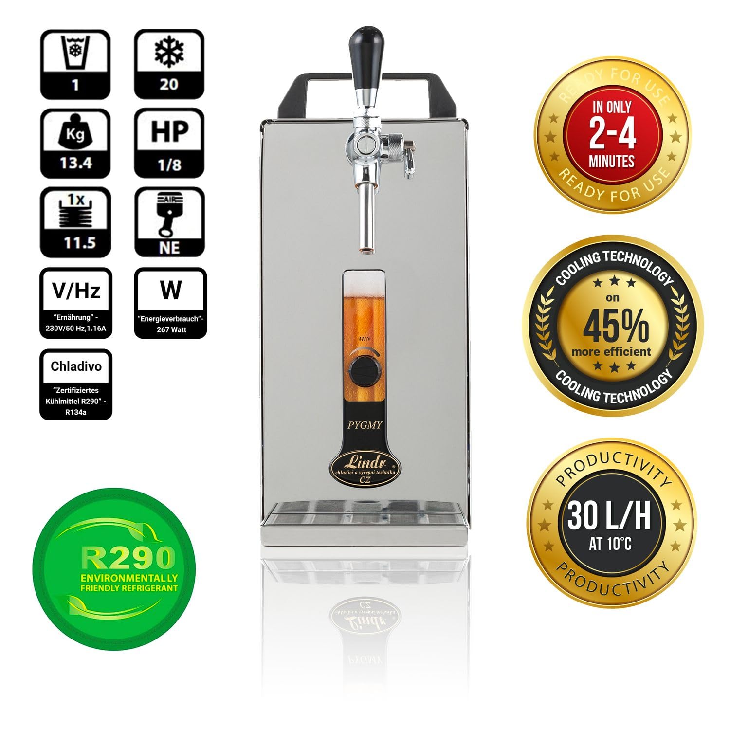 Zapfanlage, Durchlaufkühler Bier, Pygmy 25/K mit Membranpumpe, Bierzapfanlage, Fassbier-Zapfanlage, 1-leitig, 35 Liter/h, Durchlaufkühler Bierzapfanlage, Green Line