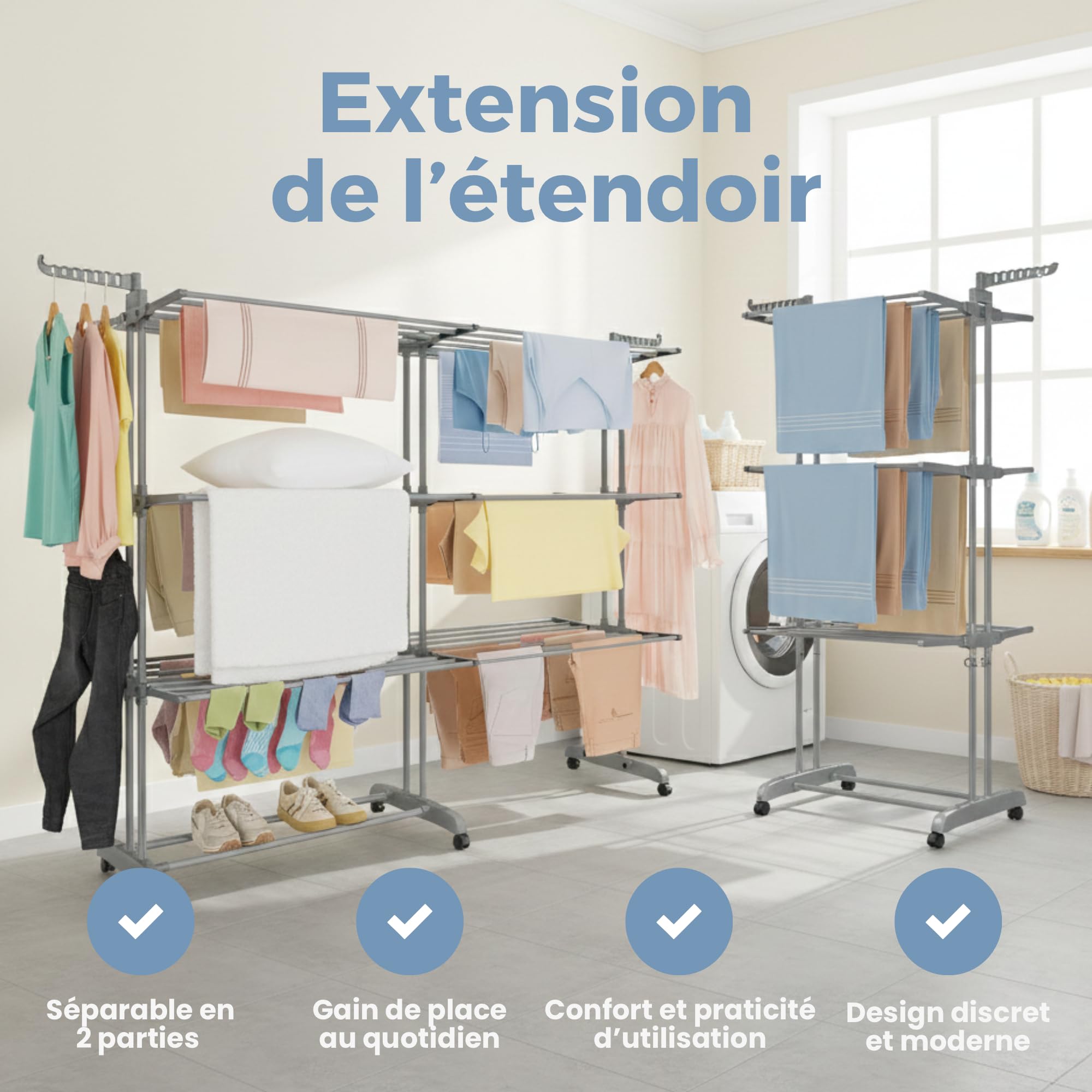 MELTA. Étendoir à Linge 4 Niveaux Extensible avec roulettes – Séchoir Pliable Grande Capacité 35 kg – Mobile, Verrouillable, pour Intérieur & Extérieur – Acier Renforcé – Gris