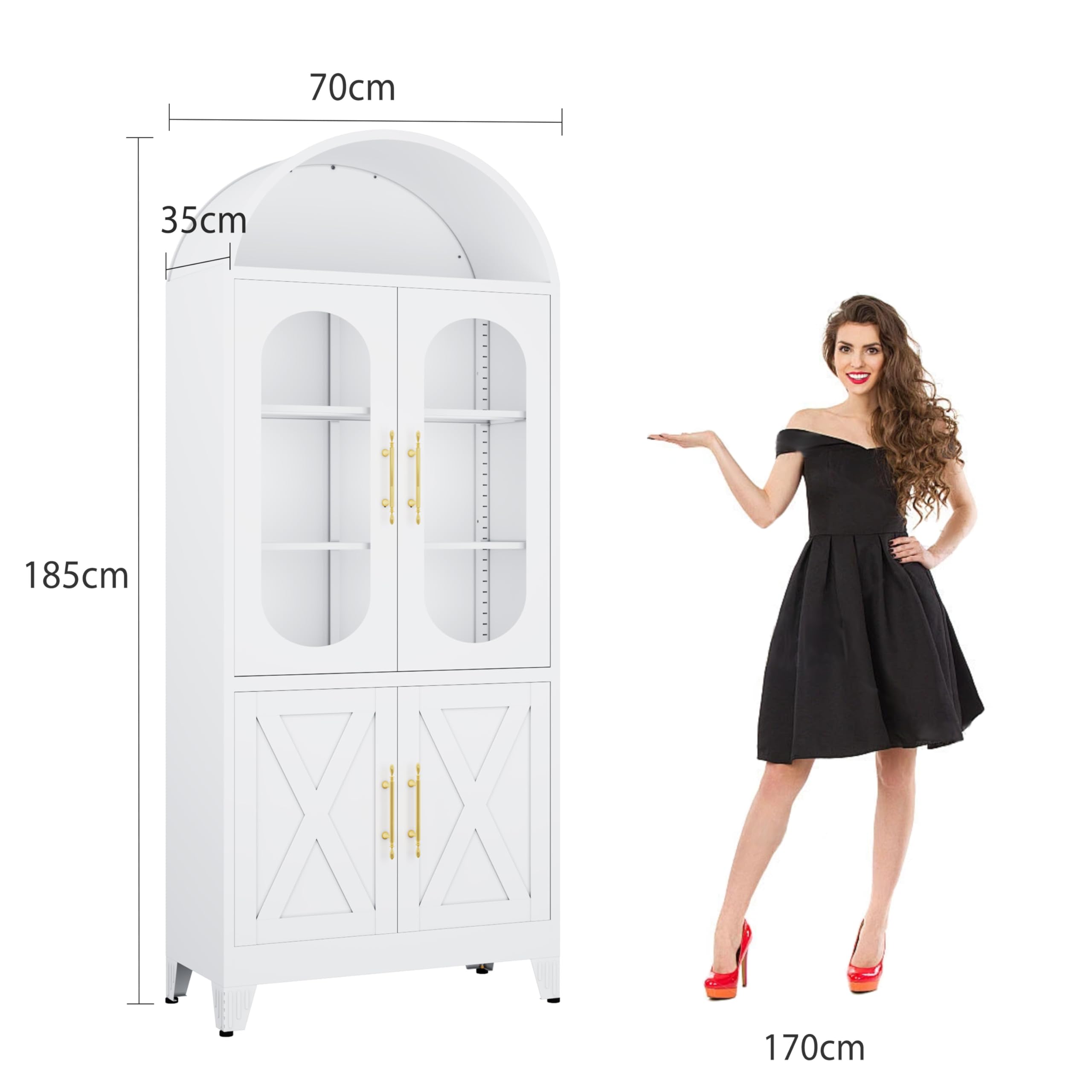 185,42 cm hoher metallener gewölbter Küchenvorratsschrank, moderner landhausstiliger Porzellanaufbewahrungs-Schrank mit Glastür und verstellbaren Regalen, vielseitiger Schrank für Küche(weiß)