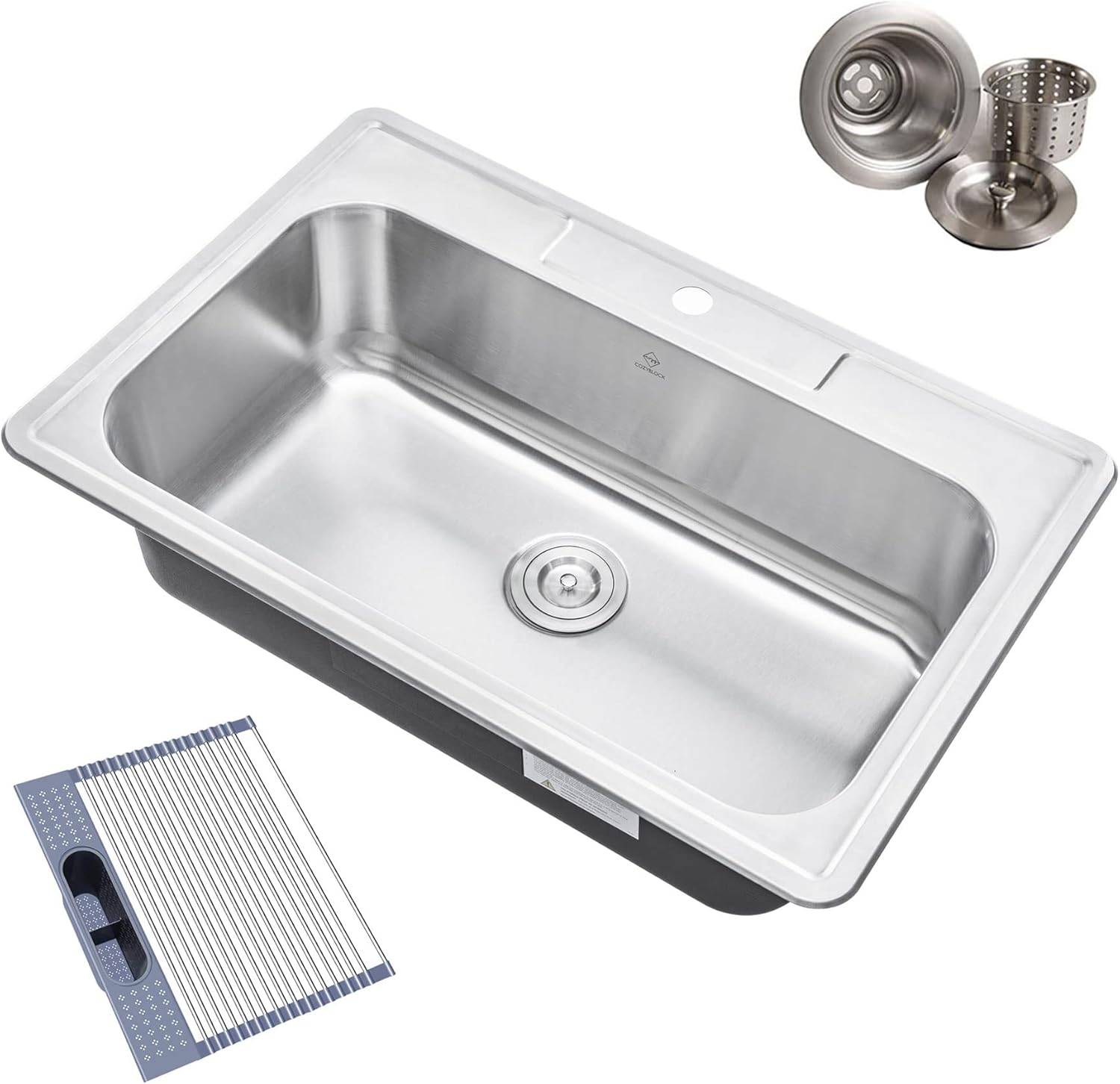 33 x 22 x 9 Inch Top-mount/Drop-in Stainless Steel Single Bowl Kitchen Sink with Strainer and Dishrack - 18 Gauge Stainless Steel-1 Faucet Hole