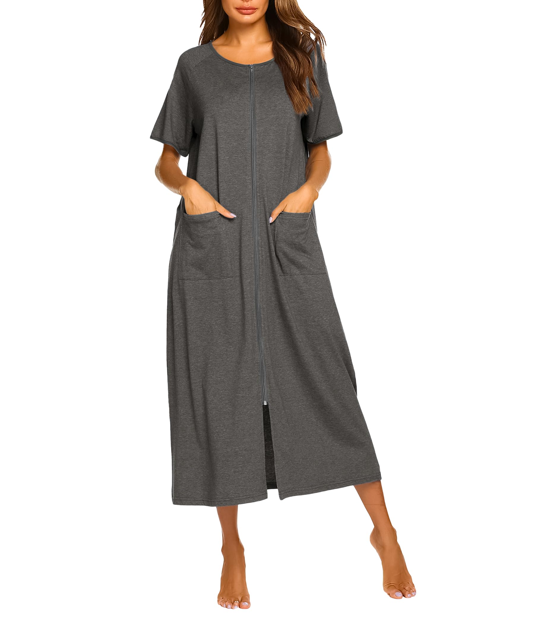 EkouaerWomen Robes Zipper Front Short Sleeve Full Length Housecoat with Pockets Loungewear S-4XL