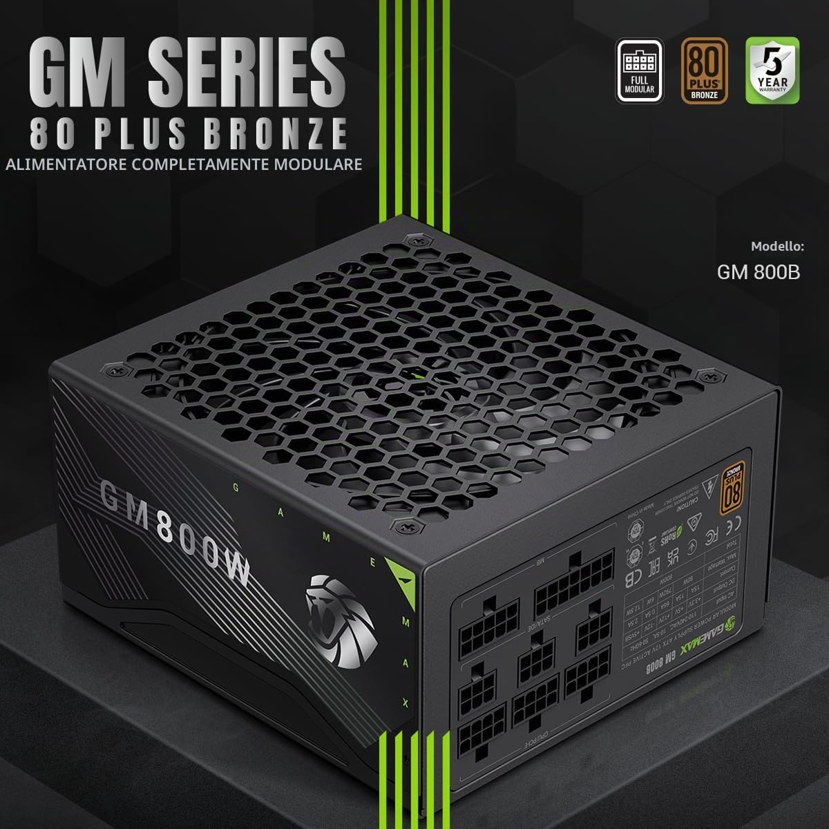 GAMEMAX GM 800B Alimentatore PC 800W Full Modular, 80Plus Bronze, Active PFC & DC-to-DC, ATX Single 12V Rail, Ventola 140mm Condensatori di alta qualità, 7 funzioni di protezione, 5 anni di garanzia