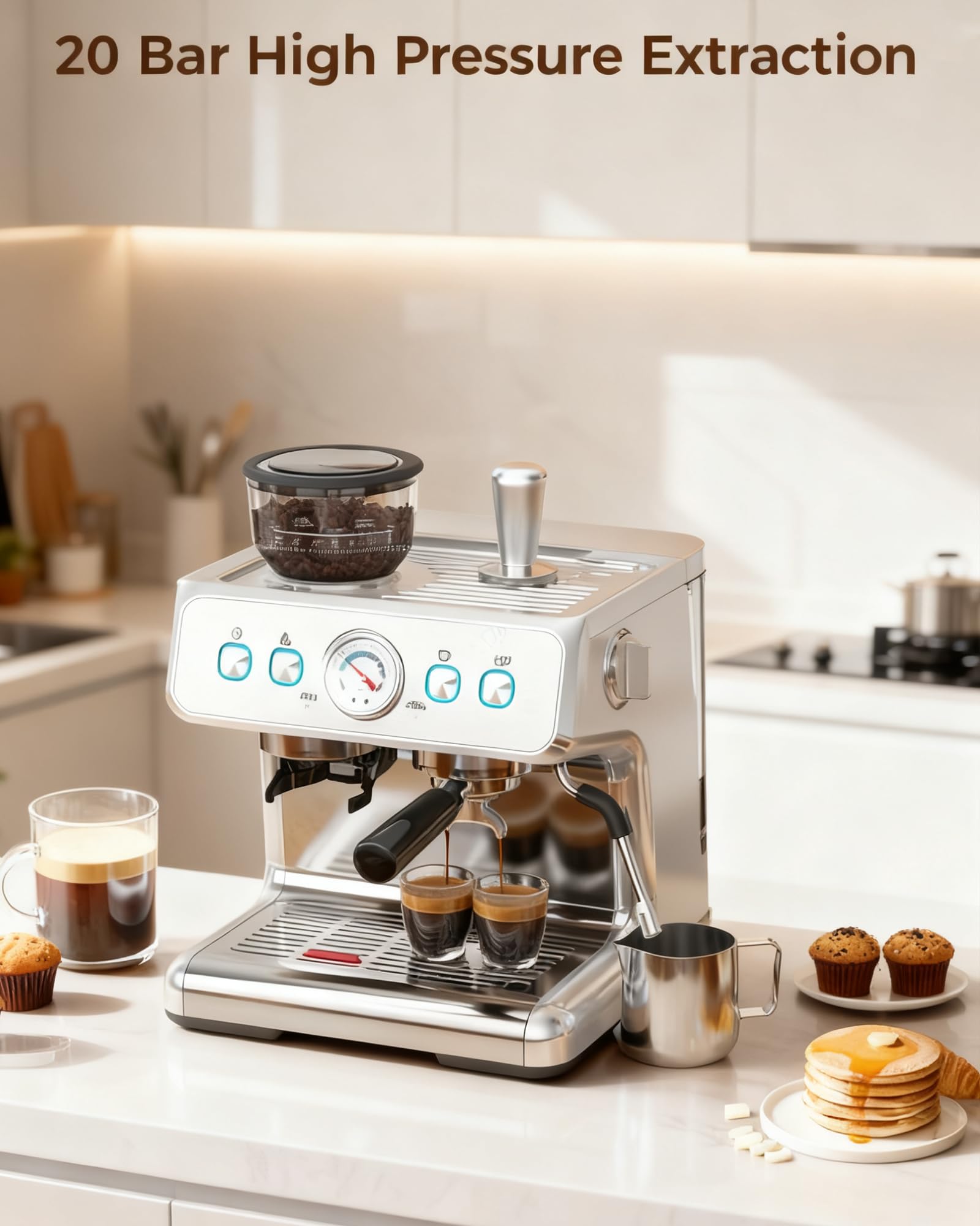 COWSAR - Macchina da caffè espresso a 20 barre con macina e montalatte da 58 mm, macchina da caffè in acciaio inox per cappuccino e latte, perfetta per l'uso