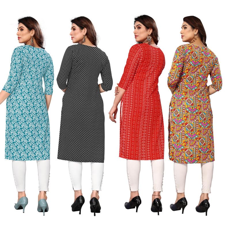Image of JAKHANA Women's Crepe Printed Casual Straight Calf Length Round Nick Kurta Pack of 4