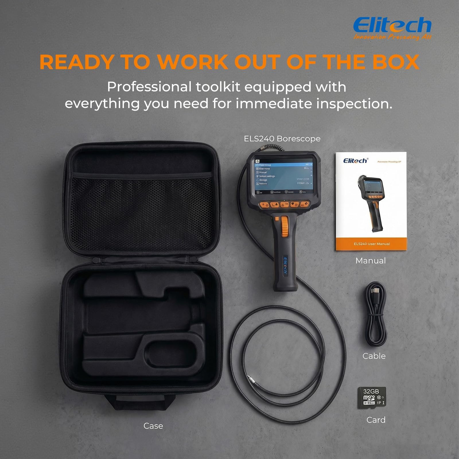 Elitech Cámara de Inspección de Tuberías y Motores Endoscopio Articulado Bidireccional 180° con Pantalla IPS 4.3" y Sonda Ultrafina 6.2mm IP67 Herramienta Profesional ELS-240