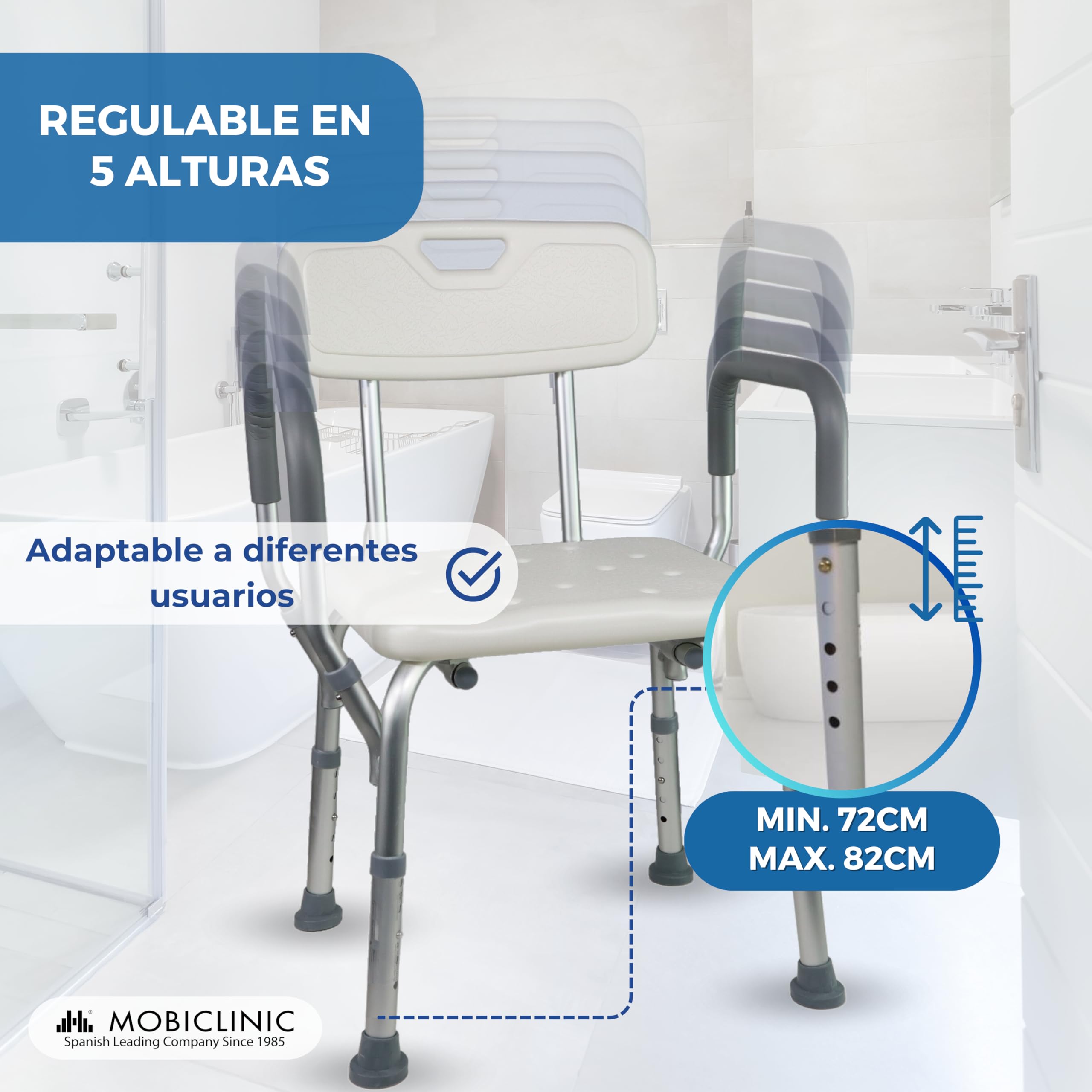 Mobiclinic, Silla de Ducha con Respaldo, Baño, para Adultos, Puerto, Marca española, Ortopédica, Antideslizante, Altura Regulable, Ayuda Ancianos y discapacitados, WC, Ergonómica